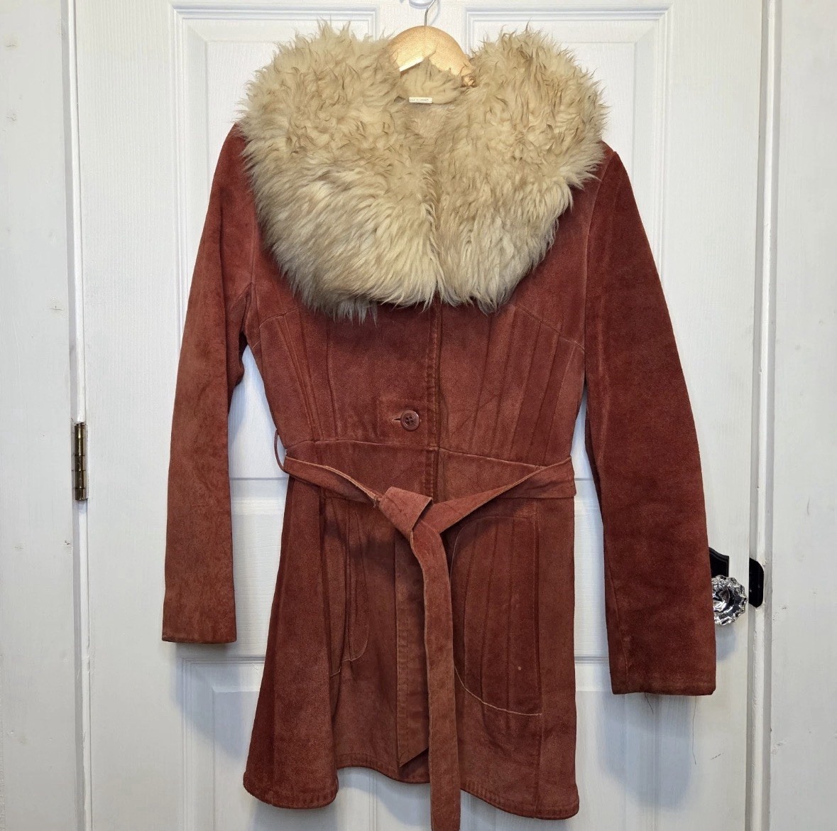 Vtg 70s Penny Lane Coat Suede Faux Fur Rust Orange Belted Boho Retro Indie XL