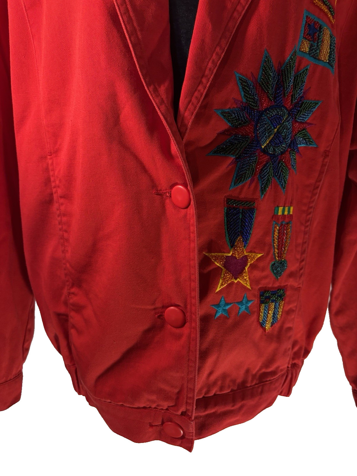 Vtg 90s Jacket Embroidered Heavily Beaded Military Style Medals SZ 6 Maximalist