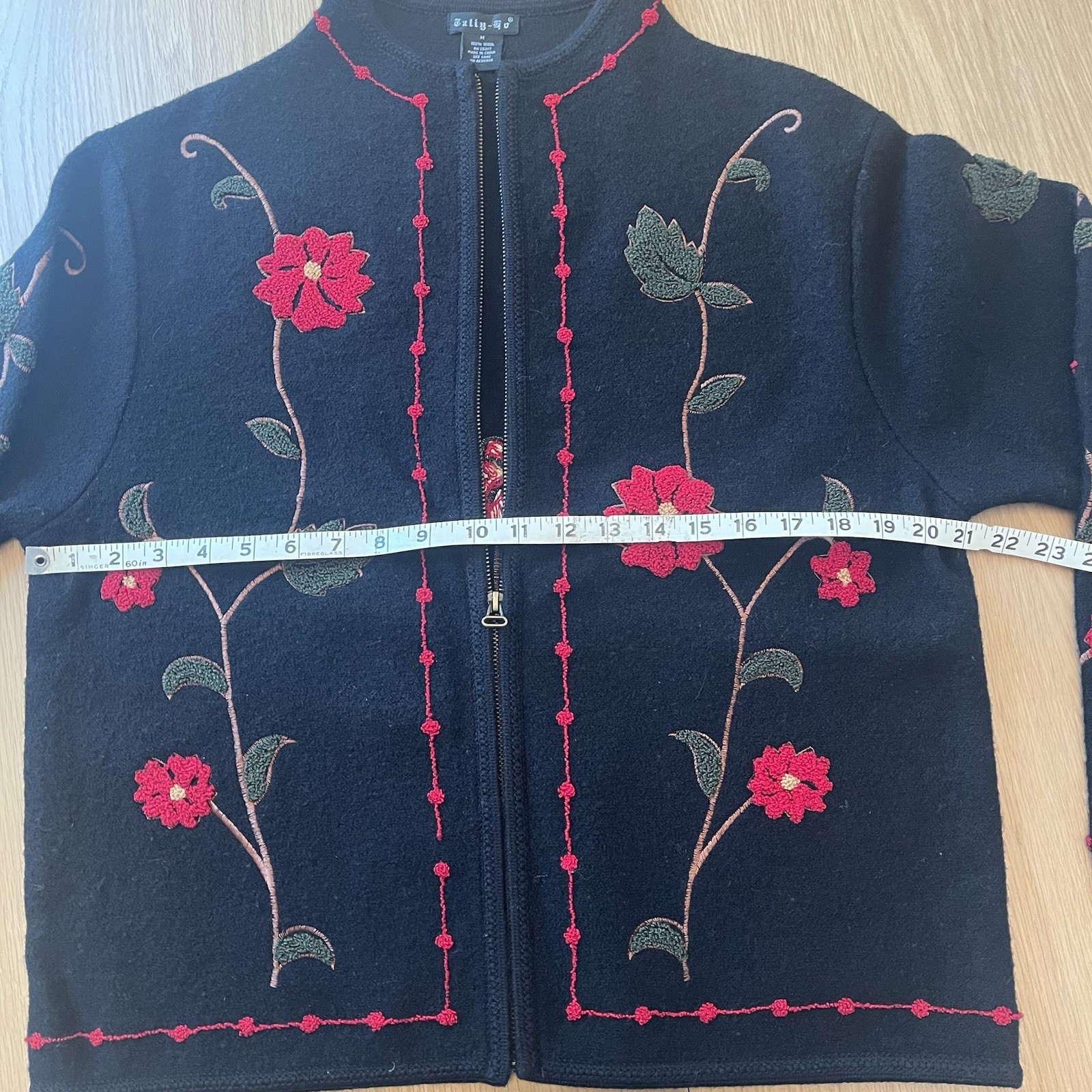 Tally Ho 100% Wool Floral Embroidered Zip Jacket Black Red Flowers Women’s M