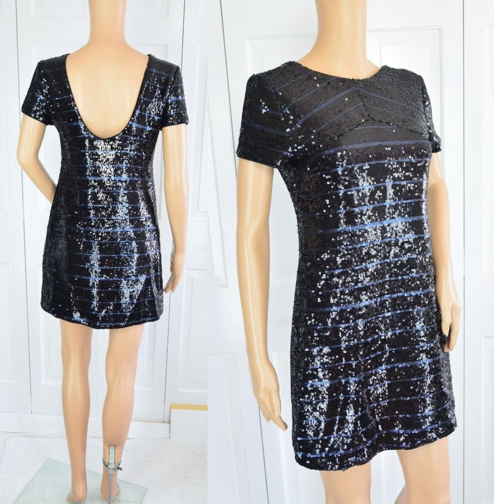 VTG 90s Mini Black Blue Sequin Scooped Back Gatsby Flapper Party Cocktail Dress
