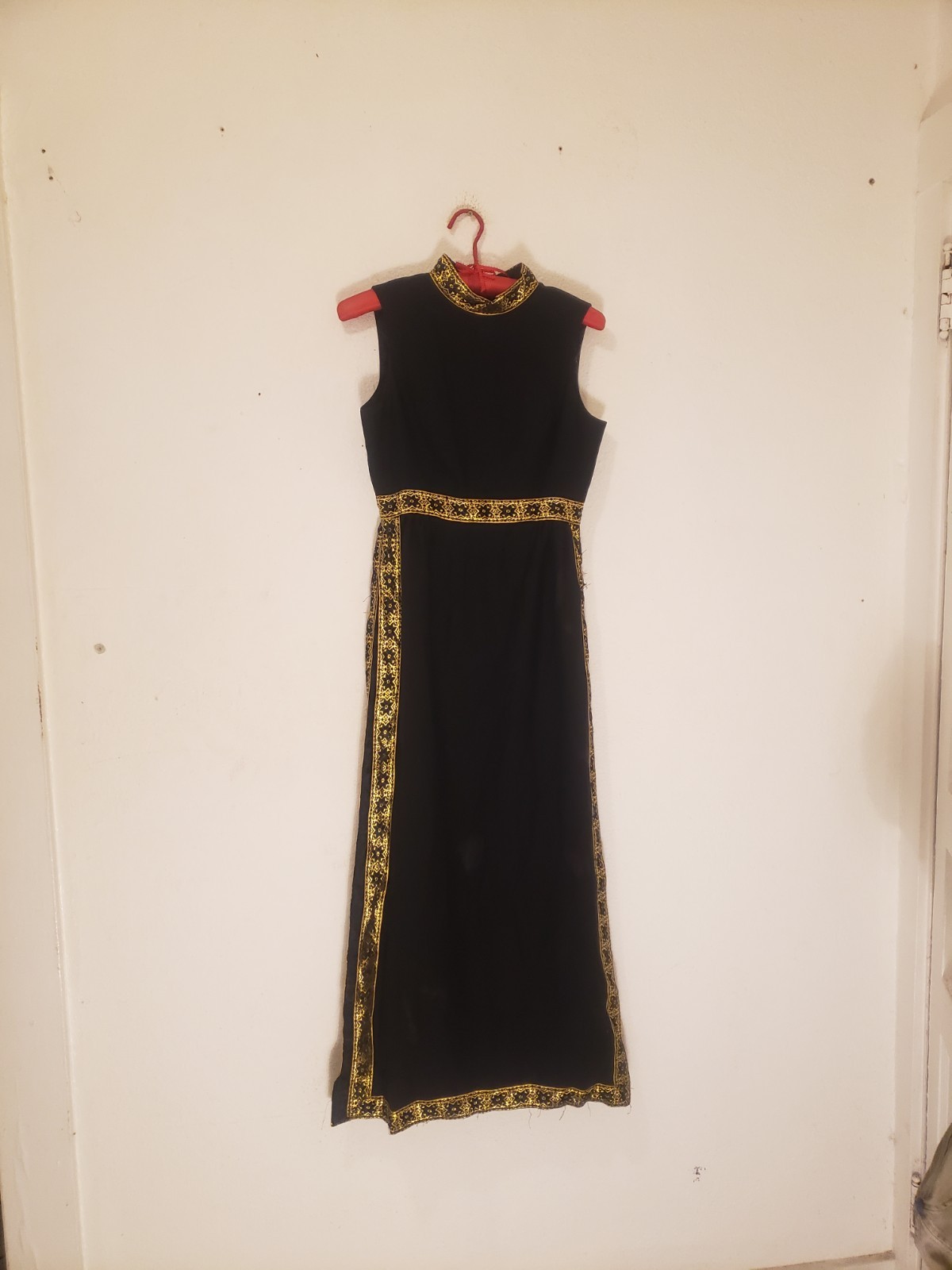 Vtg 60s 70s Grecian Style High Side Slits Maxi Dress Sz M AS IS Black Gold