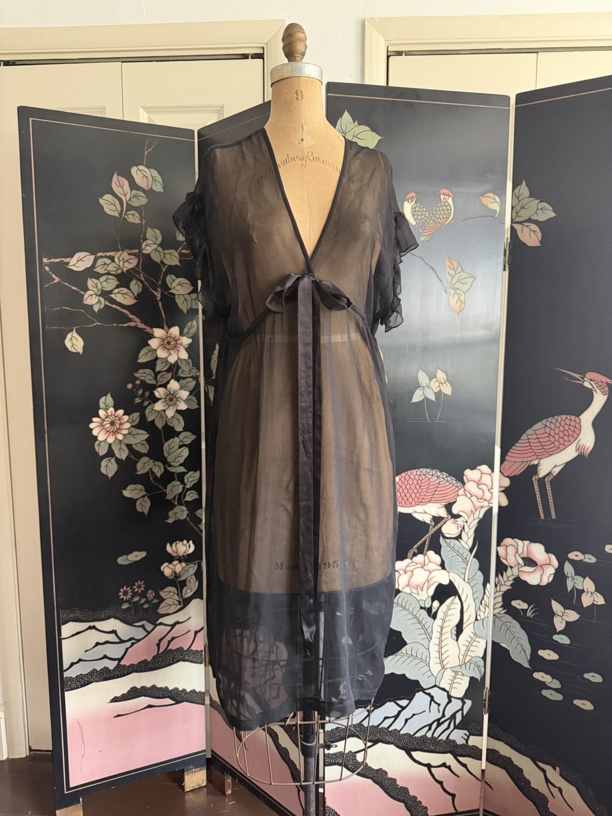 Vintage Y2K Sheer Black Silk Dress Ruffled Sleeves Satin Bow M