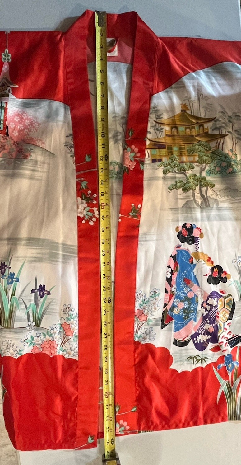 Vintage Japanese Kimono Robe Red Satin Geisha Pagoda Loungewear Jacket Women OS