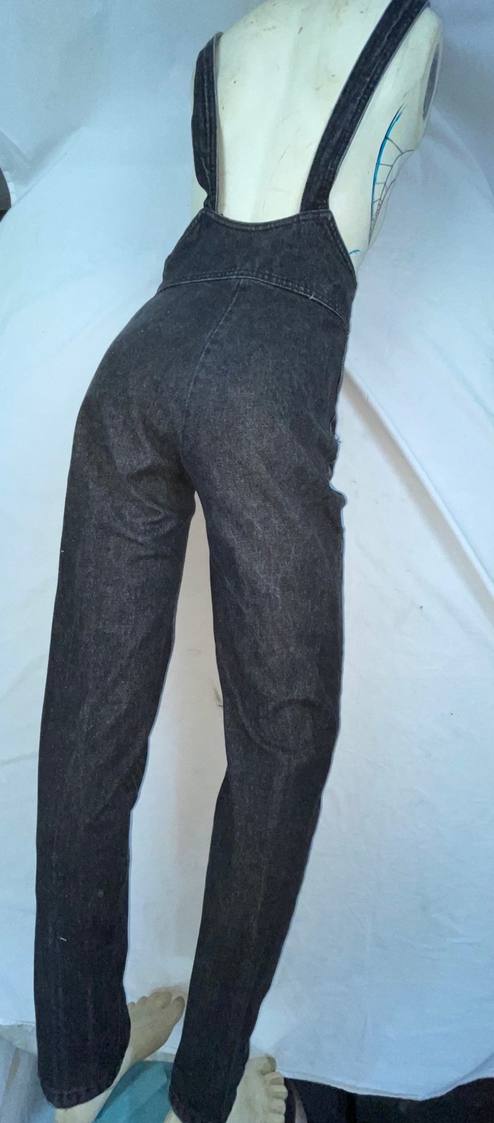 VTG 80S 90S WOMENS S BLACK FREDERICKS OF HOLLYWOOD STONE WASHED DENIM OVERALLS