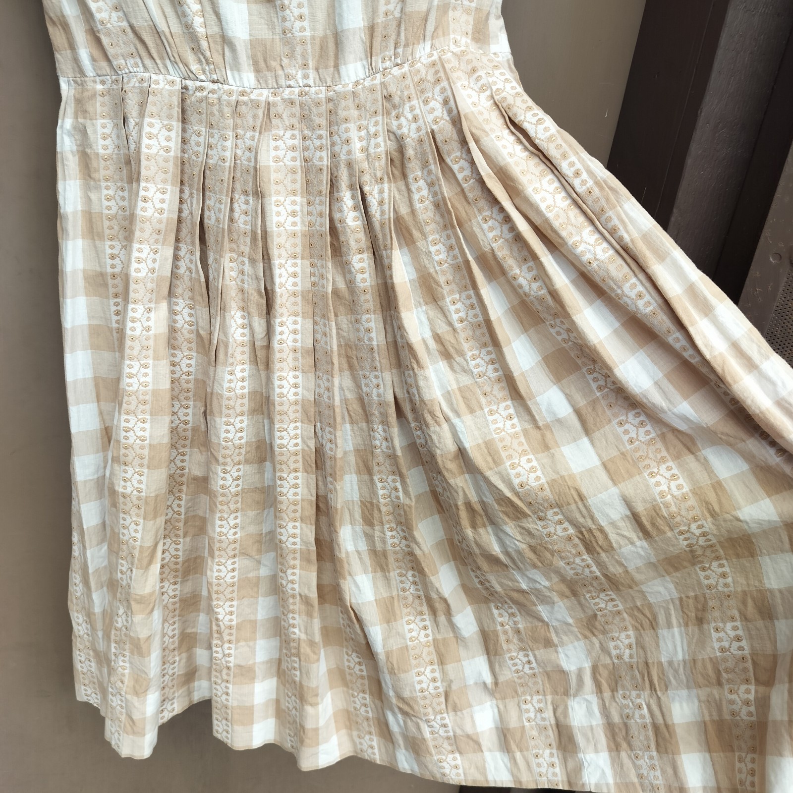 Vintage Serbin of Florida Classic Tan Checkered Shirt Dress Pleats Gold Accents