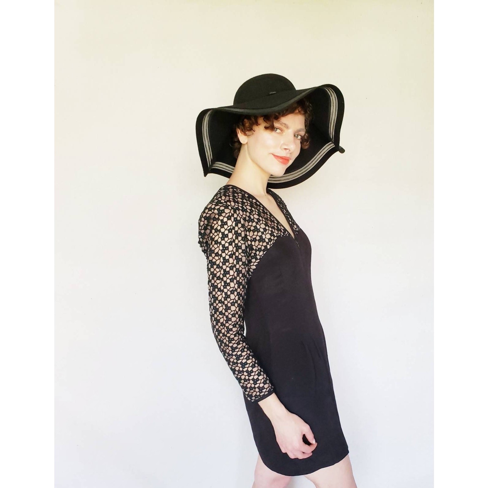VTG 1980s Black Party Dress Crochet Lace Nude Illusion Kathryn Dianos Zip Front