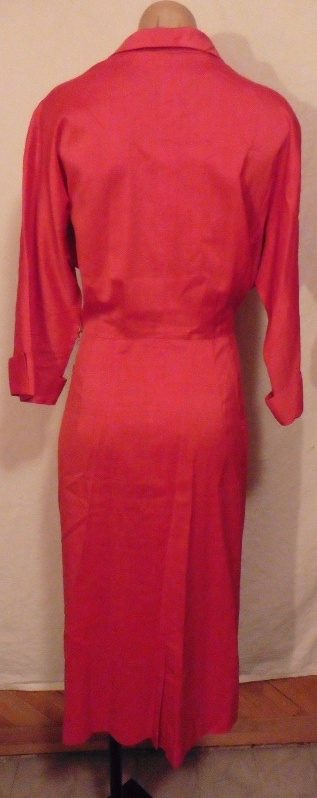 40s Red Linen Shirt Dress w/ Pleat Accents by Charles Hymen sz L 42x34x46