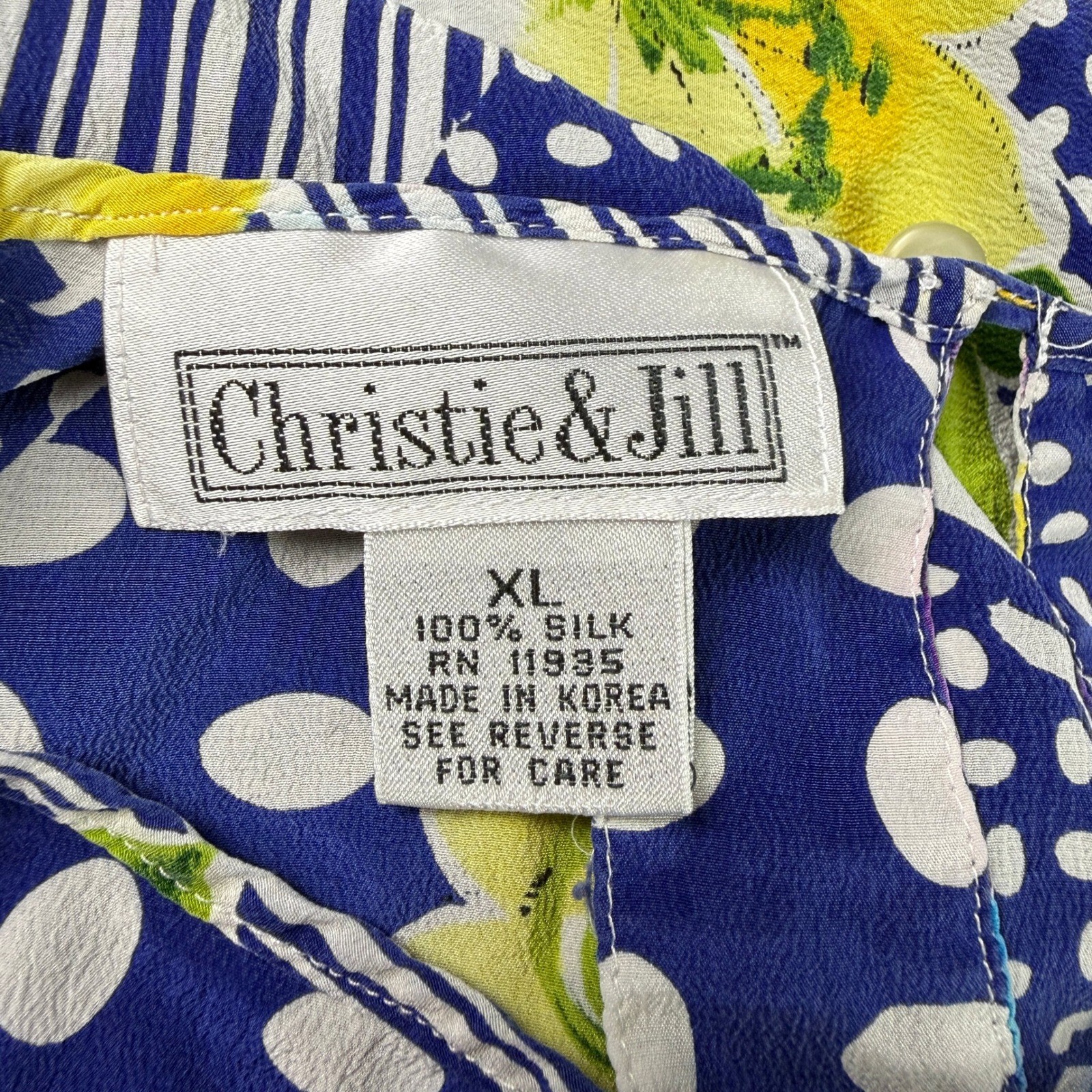 Vintage 90s Christie & Jill 100% Silk Floral Blouse XL Blue Geometric Classic