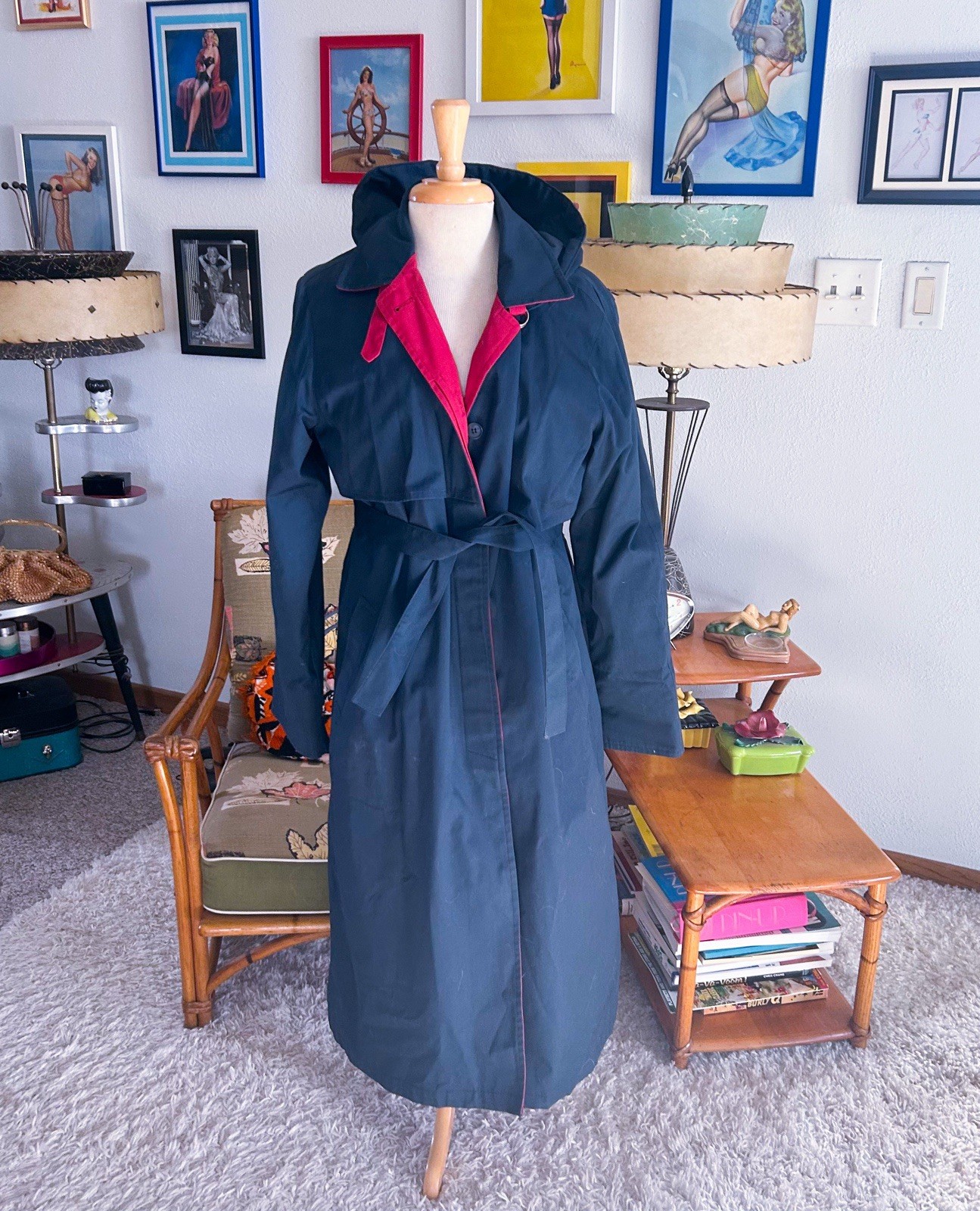 Vintage 1940s style Coat | Navy Blue | Hood | Trench | Belted | M L | 40s | 80s
