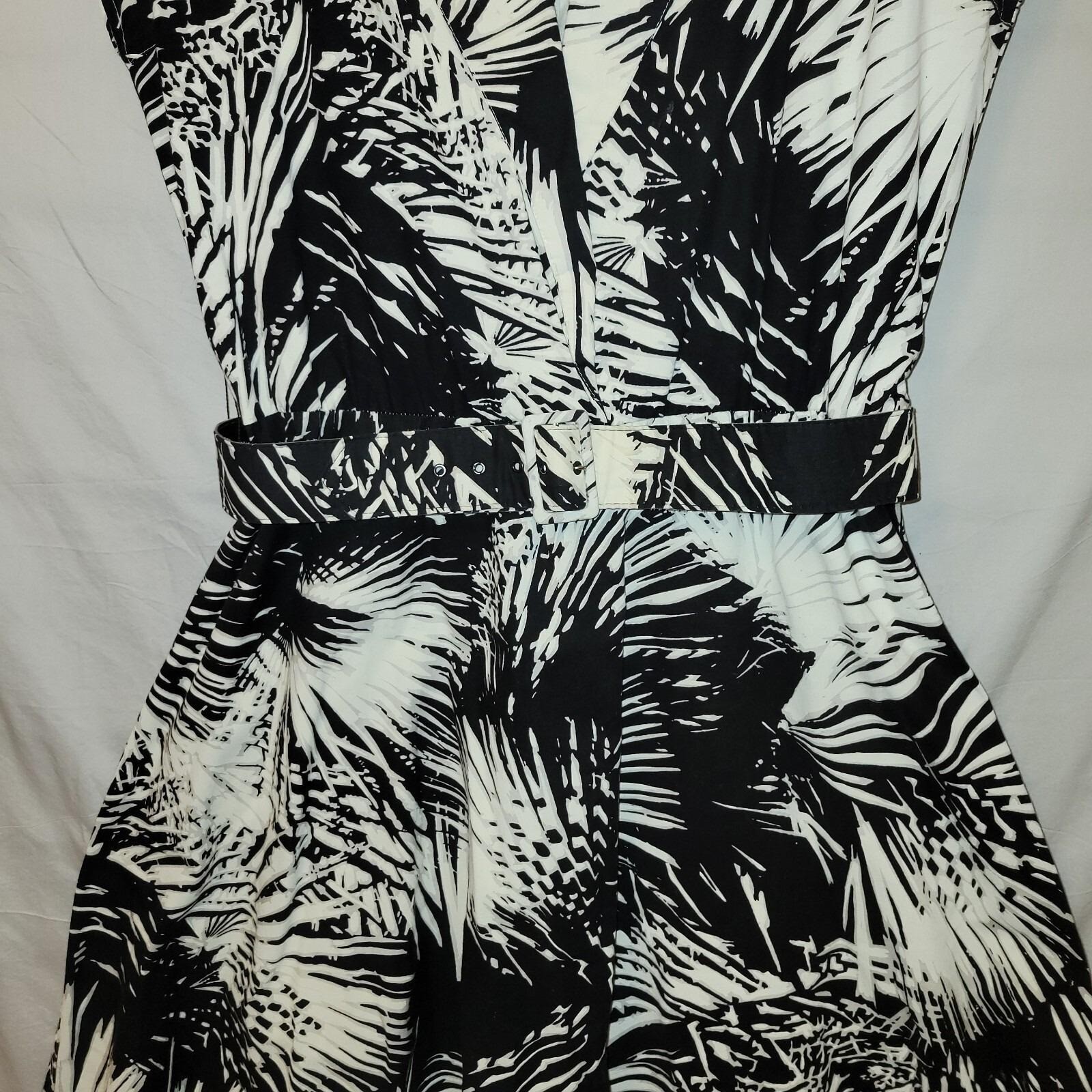Vintage Tina Barrie Dress Womens 16 Black White Palm Leaf Belted Cotton