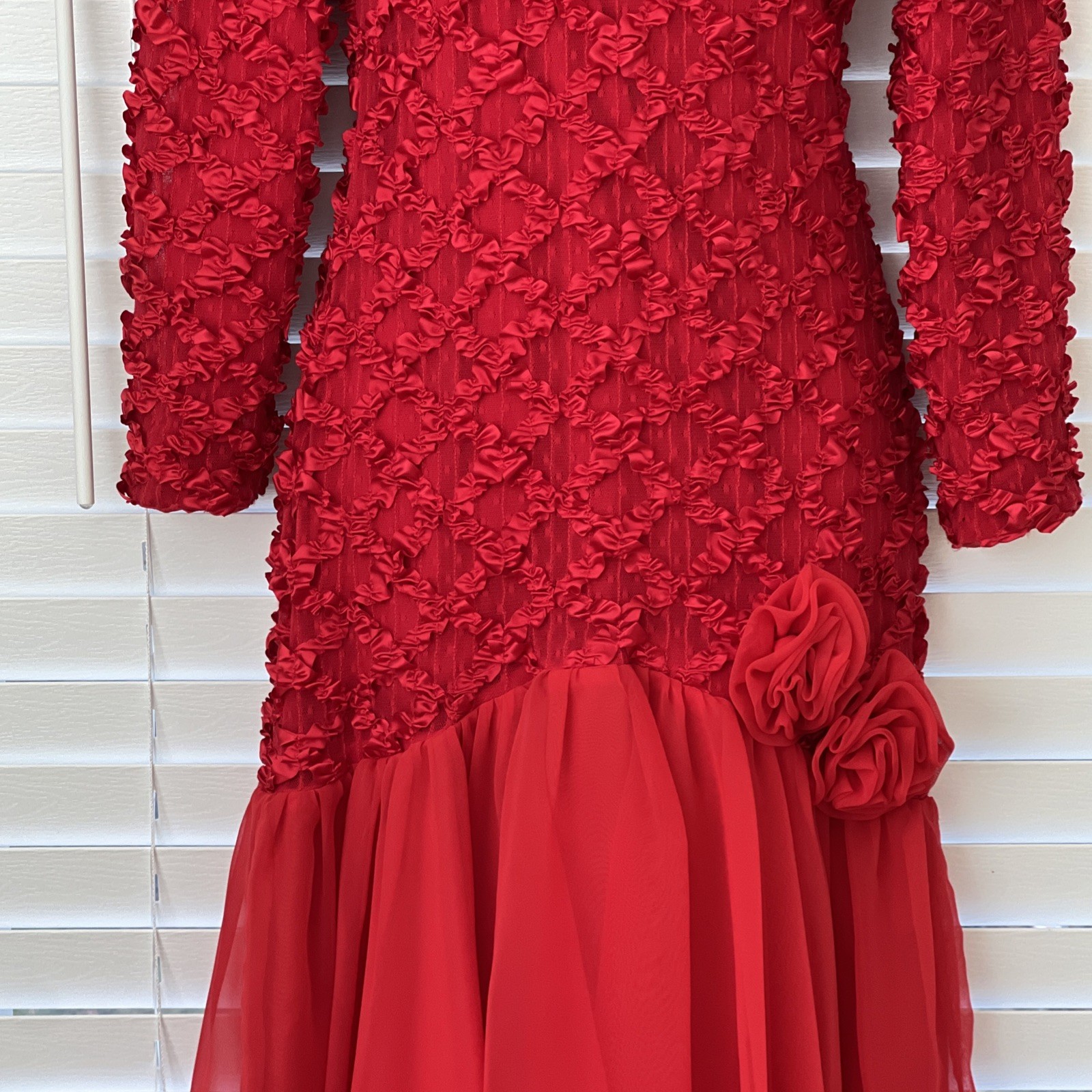 Vtg A La Carte California Hi-Lo Dress 80s Dance/Prom Ribbon/Lace Chiffon V-Back