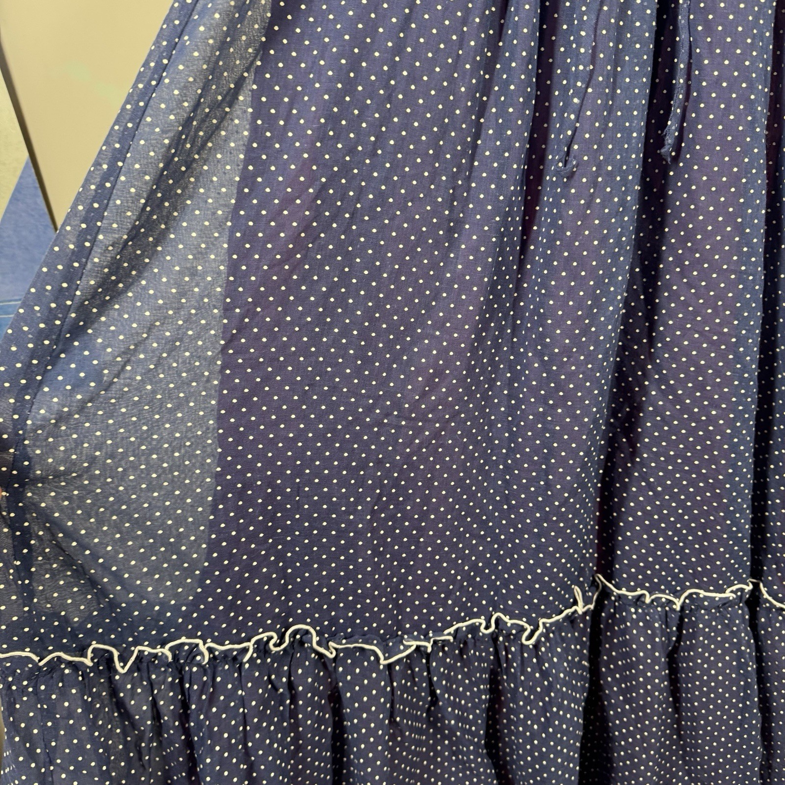 Vtg Ruffle Maxi Dress Sheet Blue Polka Dot Over Lining JC Penny Women Sz 11/12