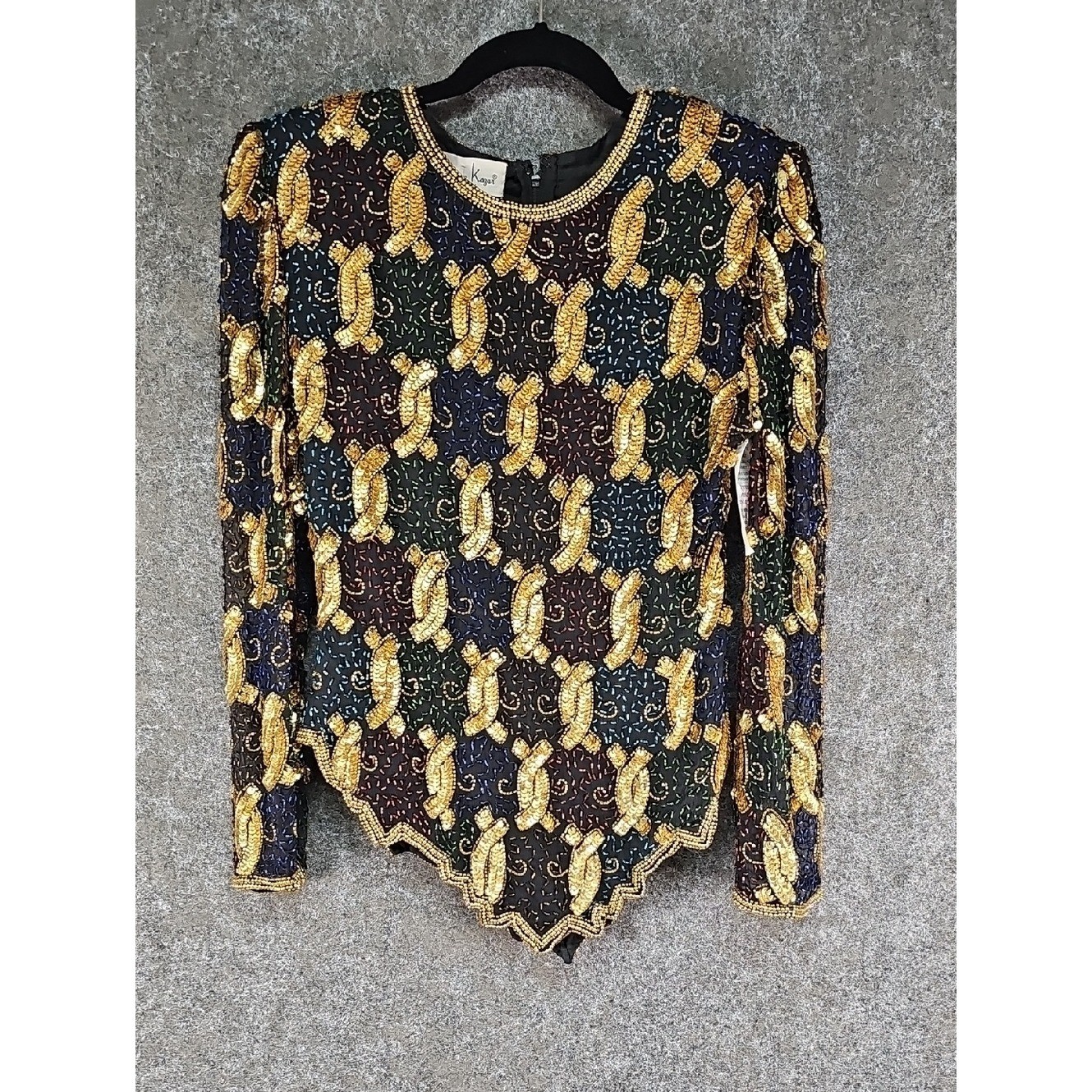 Vtg 90s Laurence Kazar NY Beaded Sequin Women’s Blouse, Silk, Black Gold, M, NEW