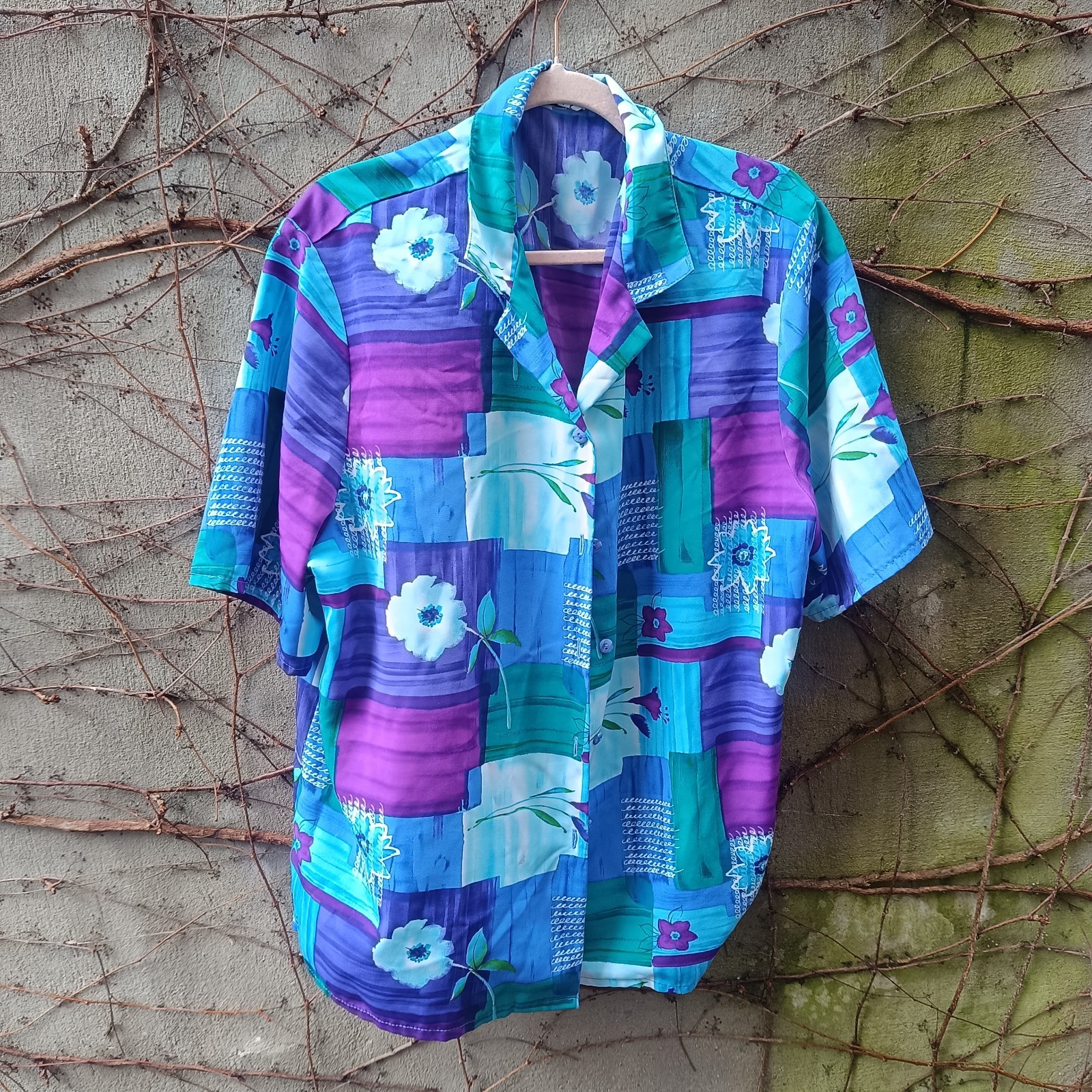 Vintage Blouse Abstract Pattern Blue Purple 90s Oversized Short Sleeve Shirt L