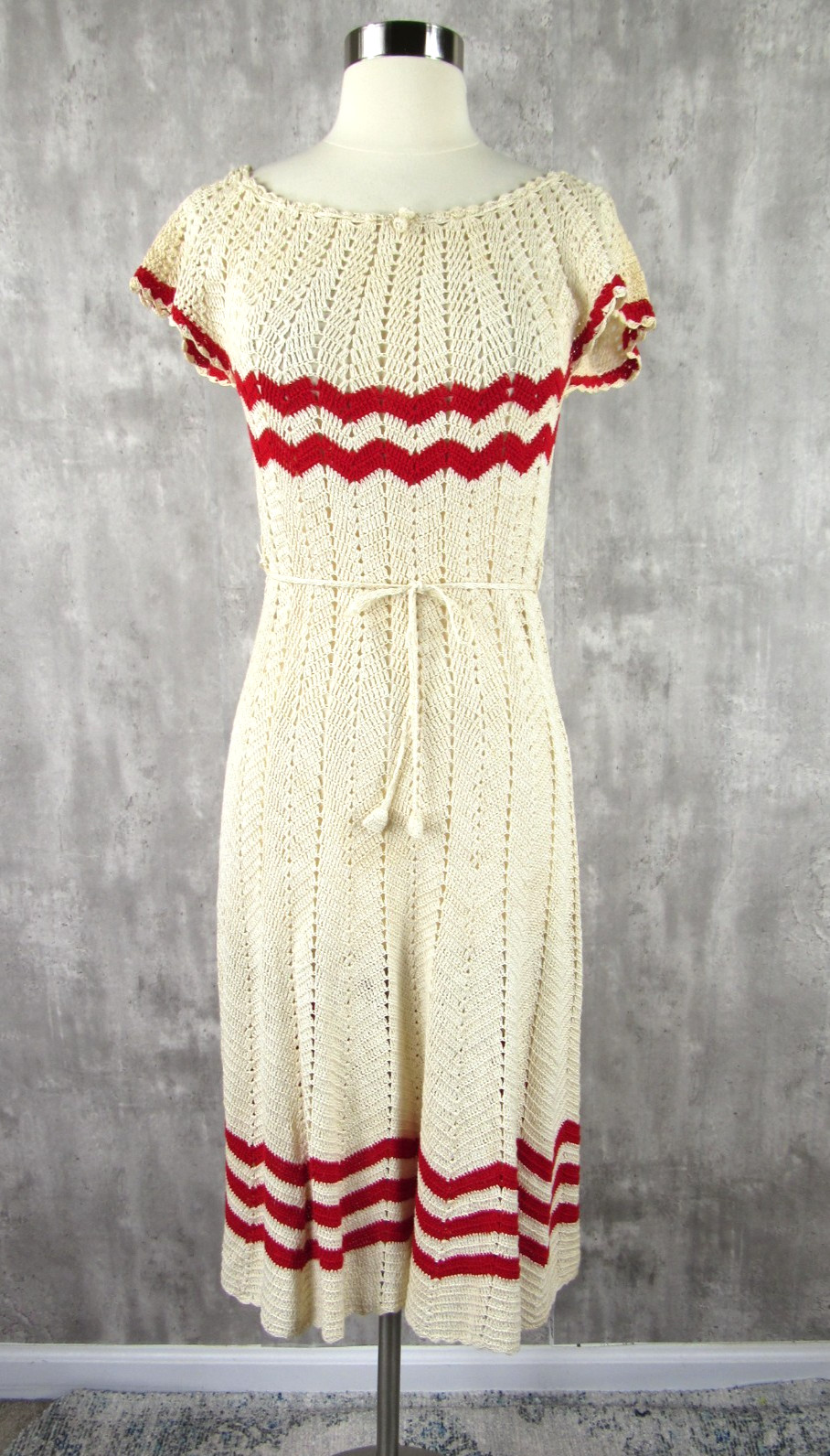 Vintage 60s 70s Crochet Open Knit Dress Chevron Stripe Cotton Small S Hippie