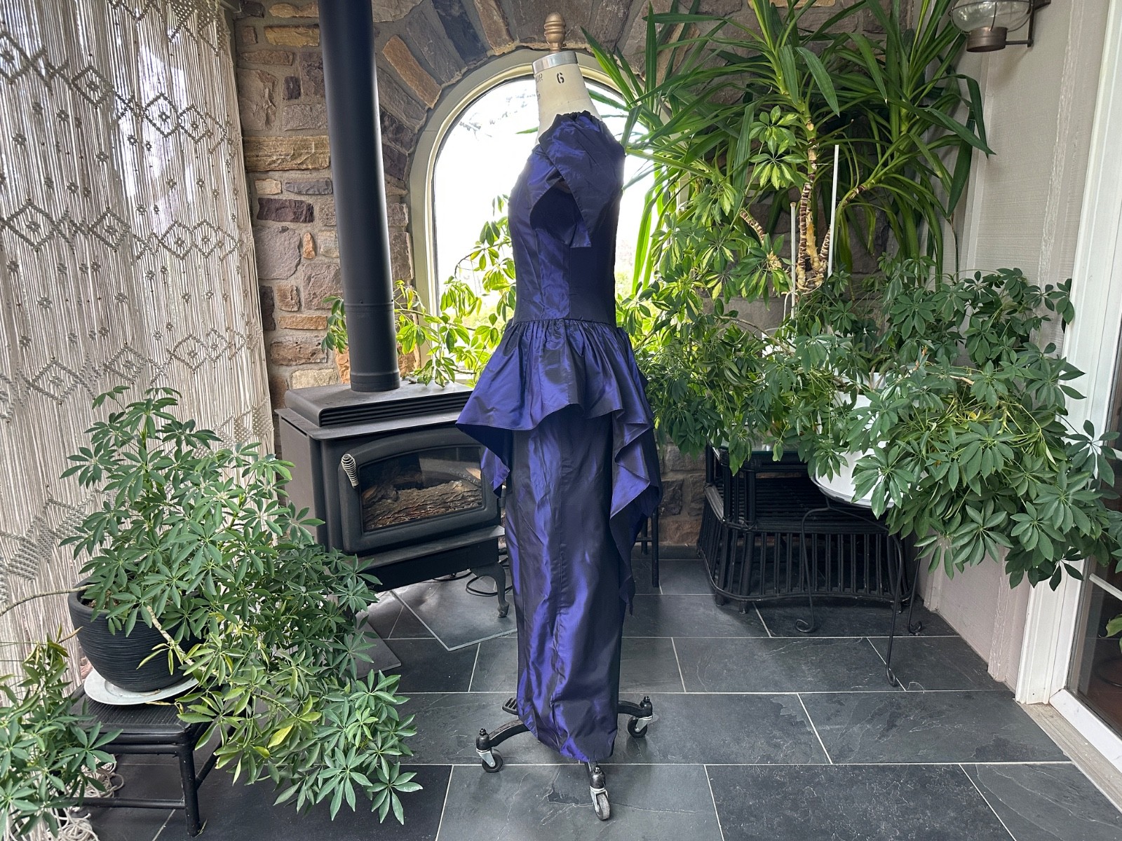 Vintage 1980s Purple Iridescent Taffeta Sequin Drop Waist Formal Maxi Dress