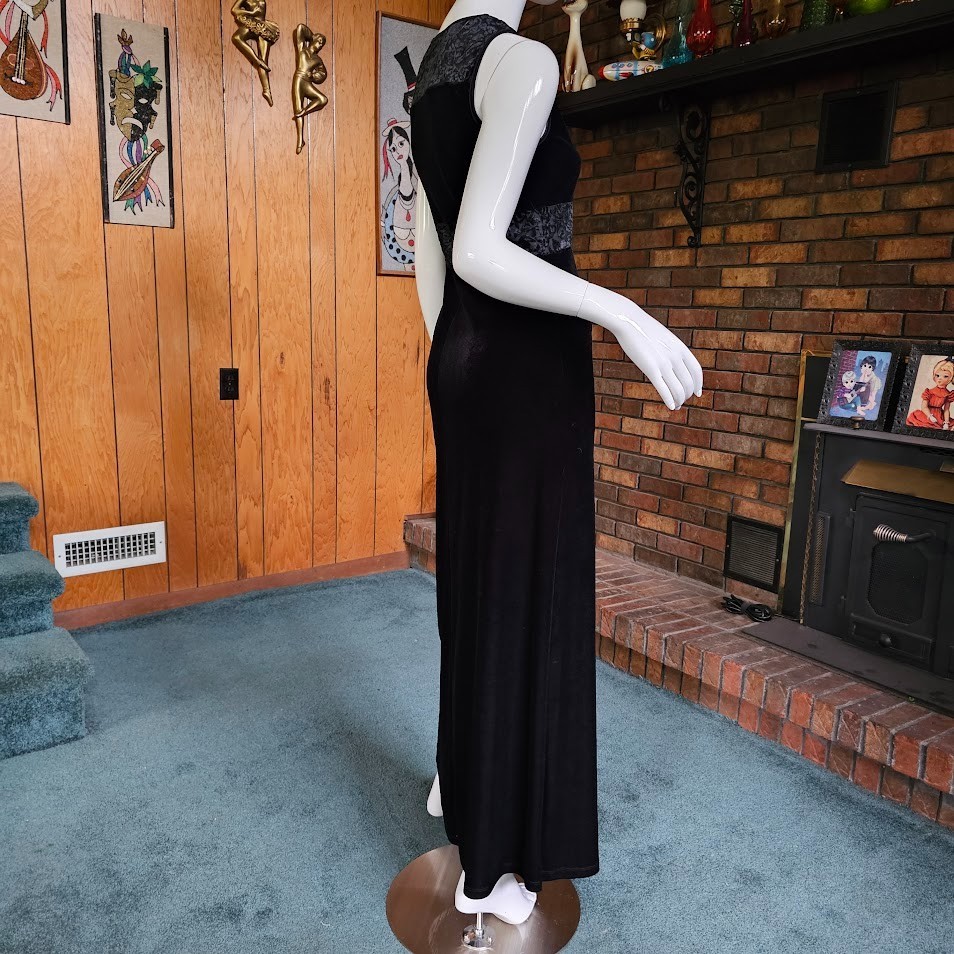 Vtg 90s Goth Club Sheer Burnout Velvet Stretch Maxi Dress Evening Prom Gown S/M