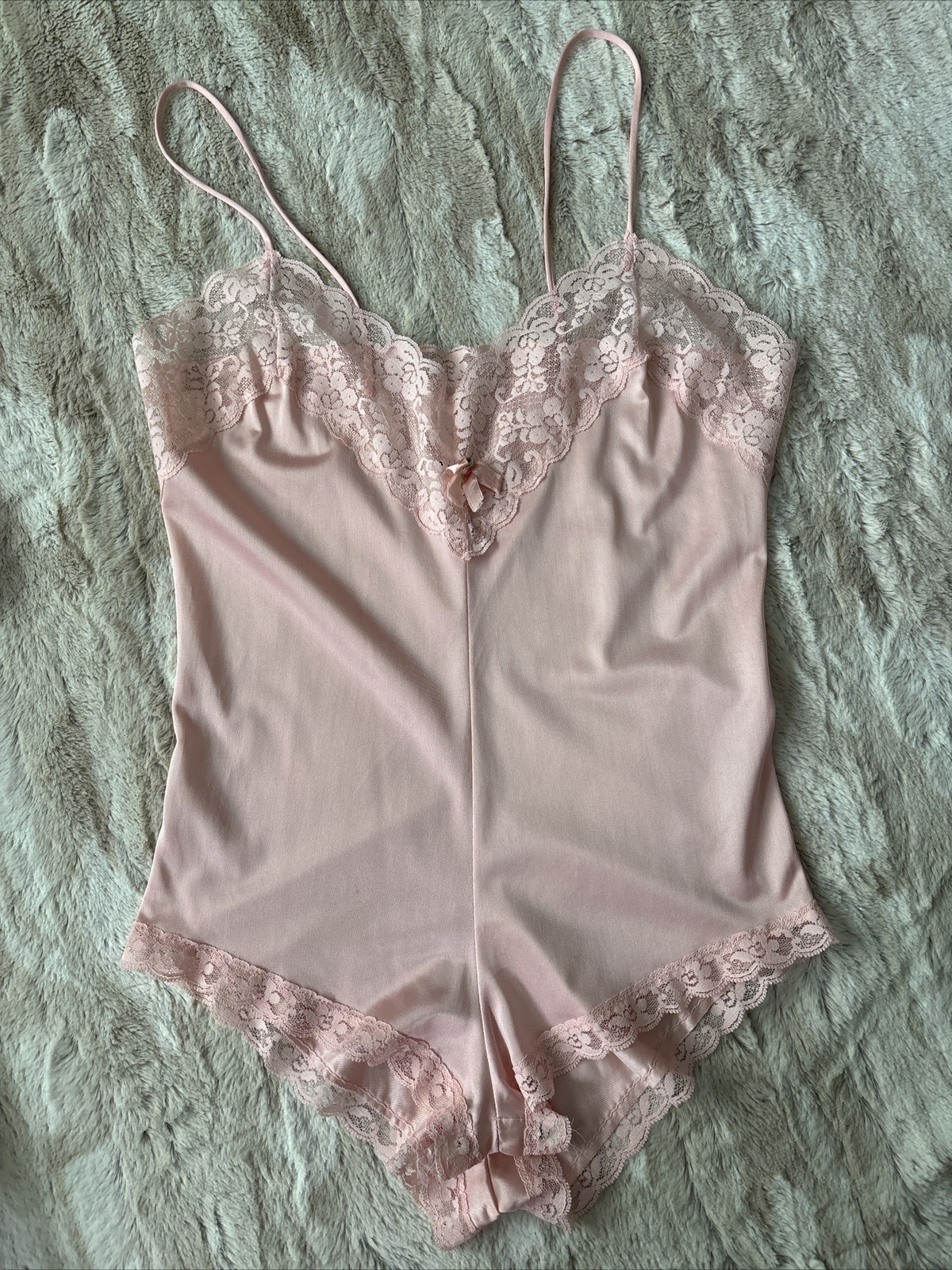 VTG Nylon Antron Satin Lace Teddy Bodysuit Playsuit Panty Sissy Romper USA Med