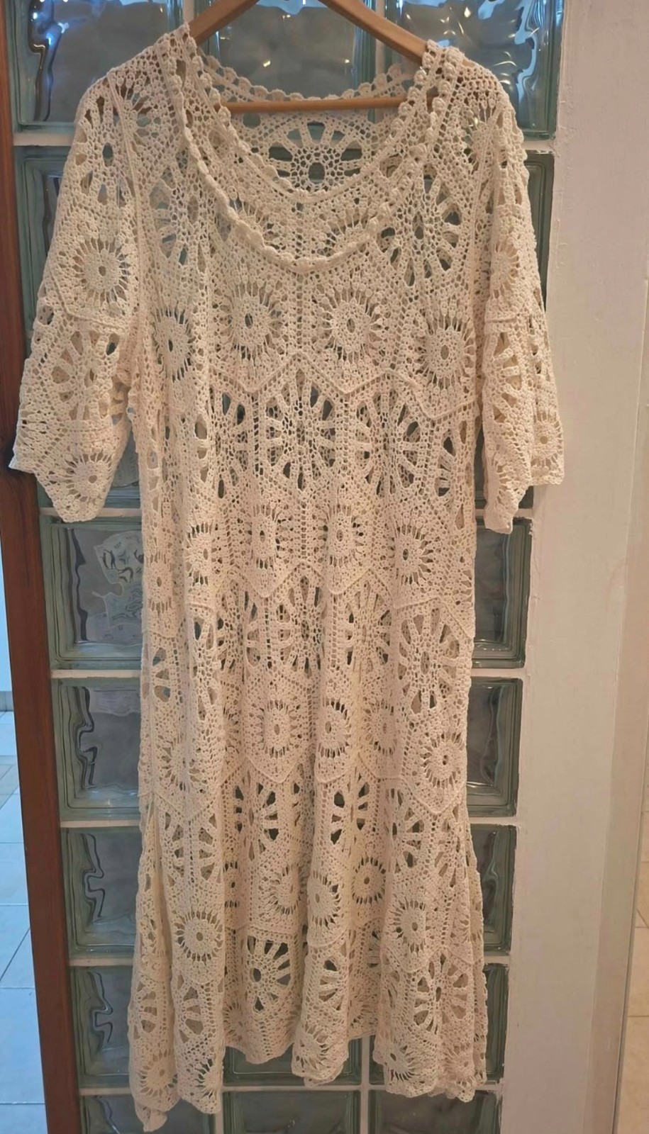 Genuine Vintage 60’s Crochet Off White Boho Chic Long Maxi Dress Hippy size XL