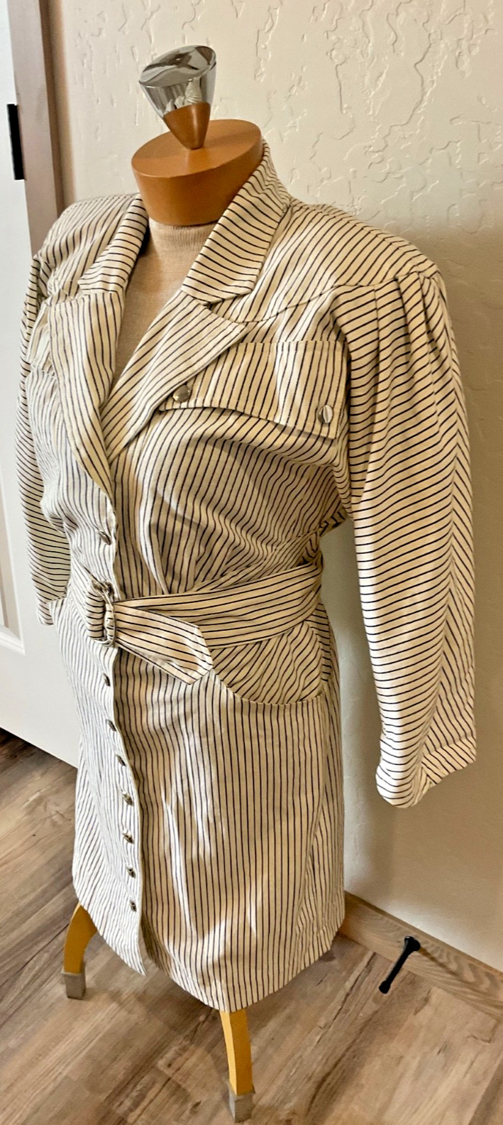 Vintage 80s Karen Alexander Pin Striped Button Down Dress w/Belt Sz 10