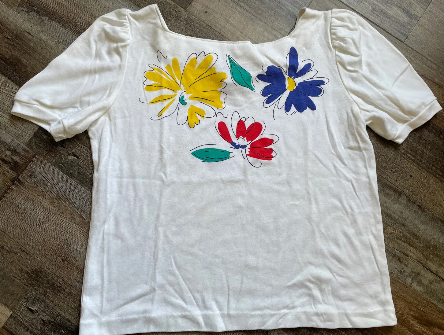 Womens 80’s Vintage White Floral Blouse Size L Puff Sleeve Red Blue Yellow