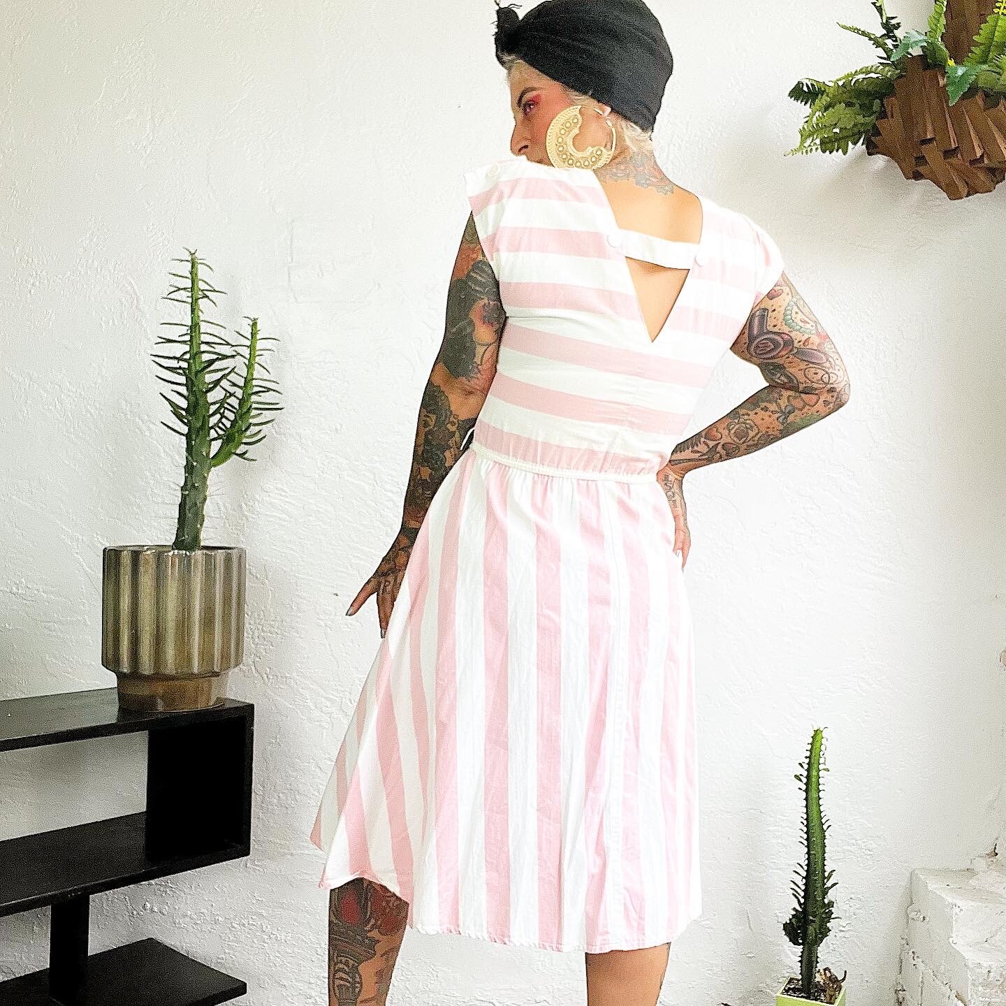 PINK & WHITE 1980’s 80s Vintage Chevron Cotton Striped Sailor Dress Sundress S M