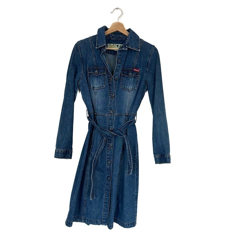 VTG 90s Y2K Mudd Denim Logo Button Down Utility Shirtdress Dress Womens Small