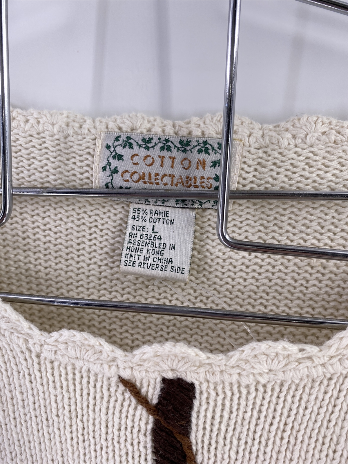 Vtg Cotton Collectables L Sweater Cream Embroidered Floral Vines Crochet Trim