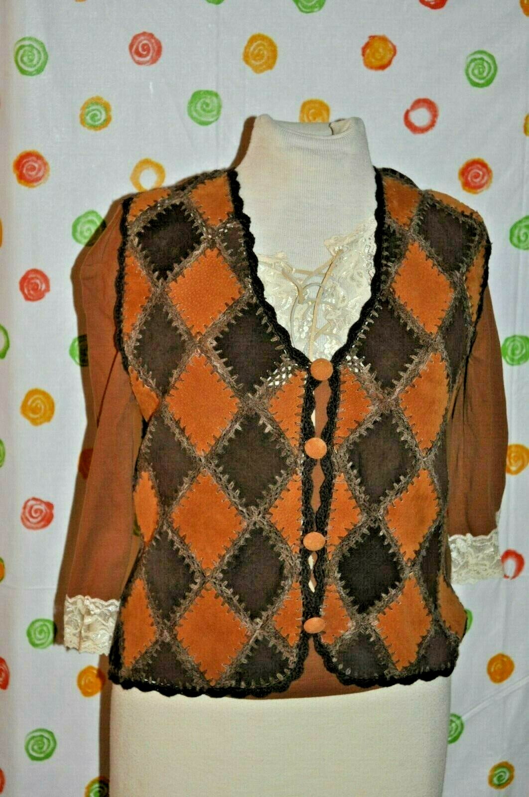 VINTAGE 2 pc Women`s M STUDIO Leather Knit Sweater VEST & Brown BOHO Hippie TOP