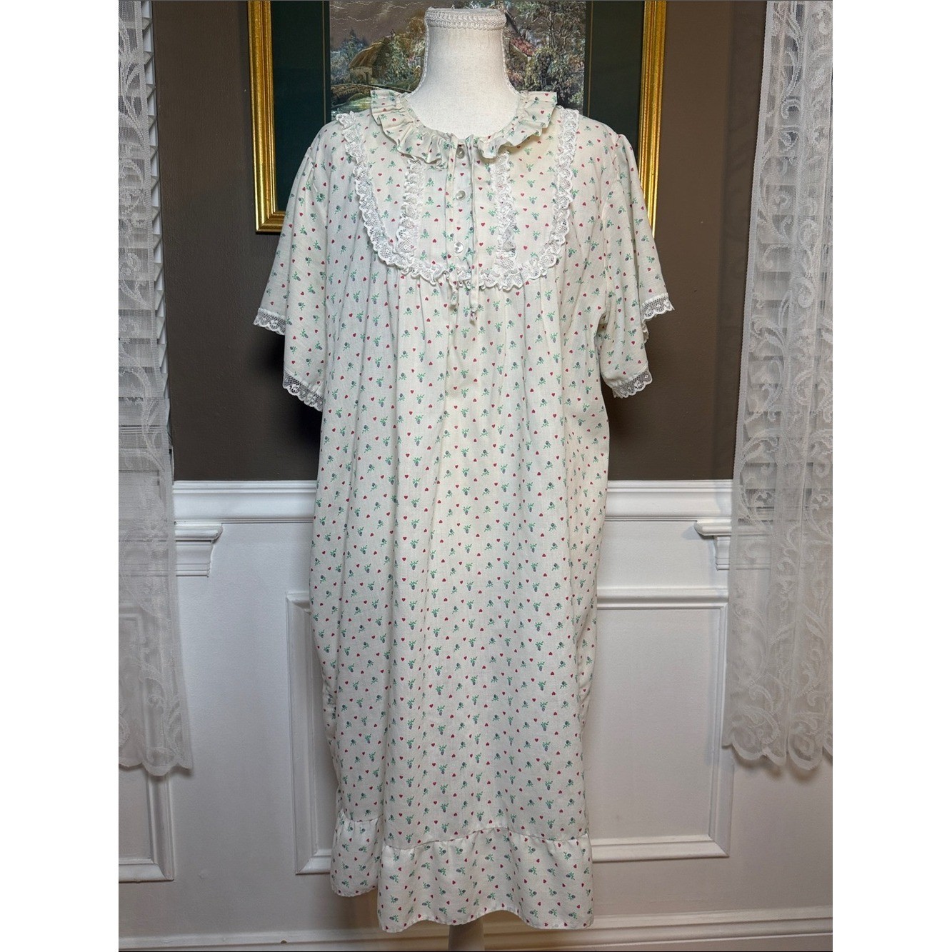 Vintage An Ideal Lady Heart Floral Lace Cottagecore Nightgown XL 1X
