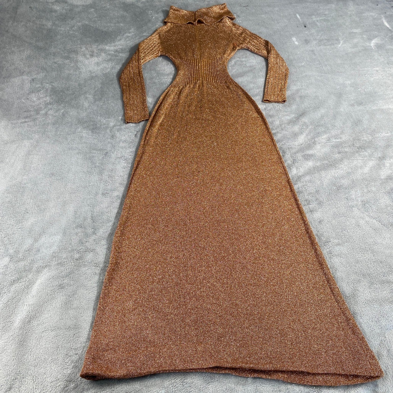 Vintage Wenjilli Maxi Dress Women 7/8 Metallic 70s Turtleneck Lurex Knit Gown