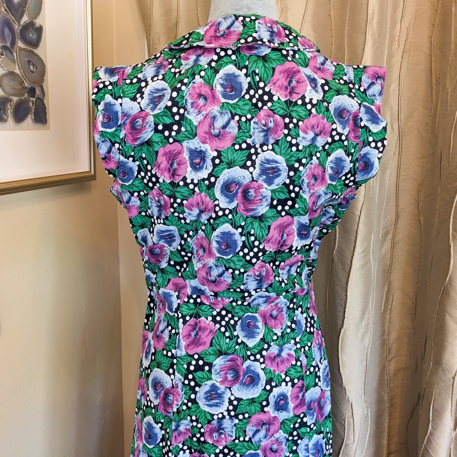 Vintage Handmade Polka Dot Floral Shirt Dress L Button Up Front Cottagecore Midi