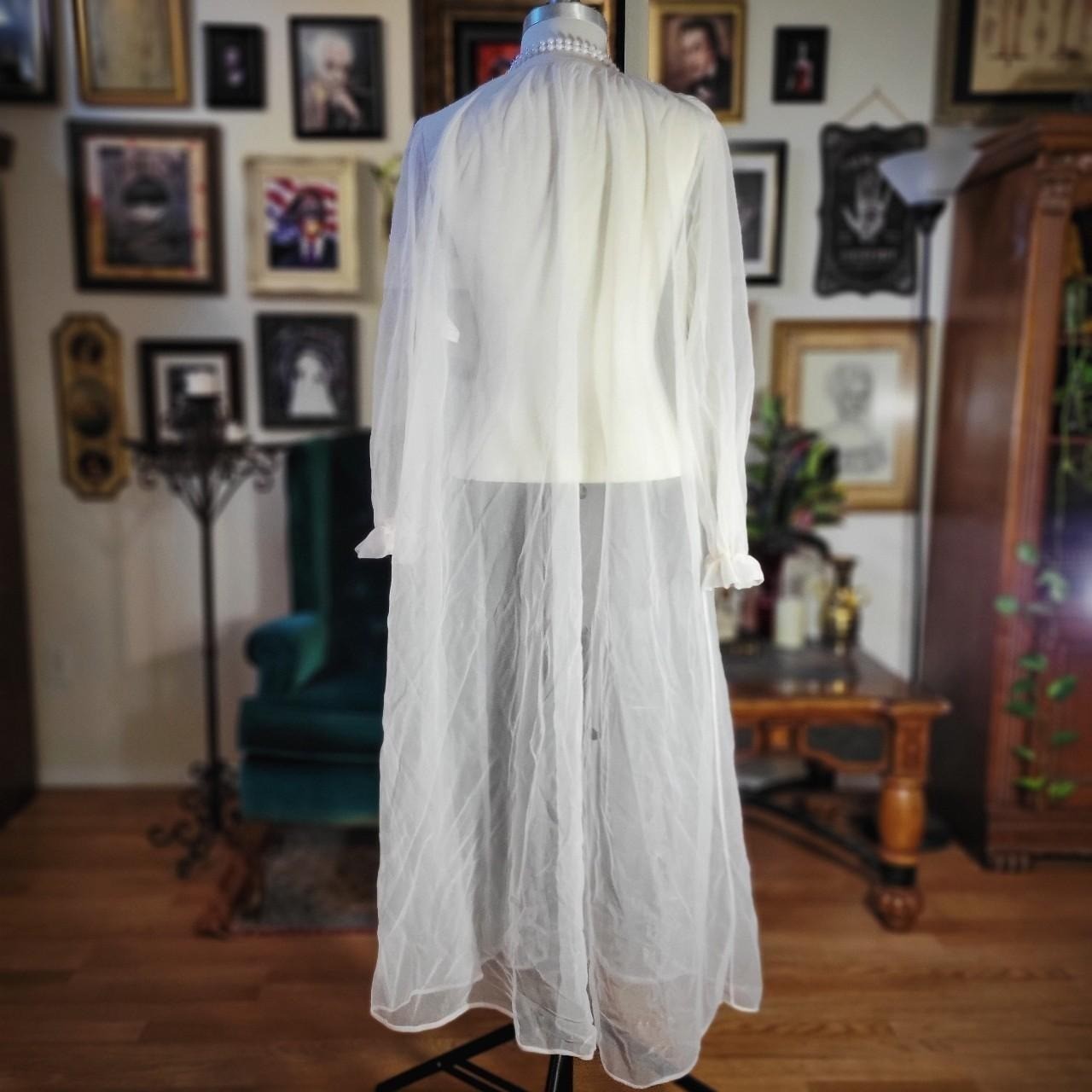 Vintage 80s Sheer White Robe Housecoat Lingerie Duster Open Front Romance Medium