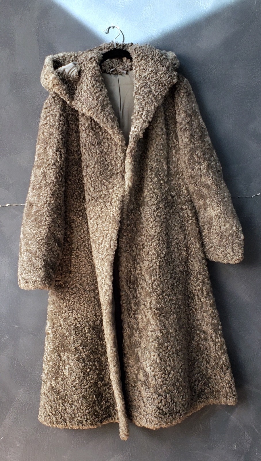 Vintage 50s Gray Greige Curly Viking Lamb Hooded Coat L EUC RARE