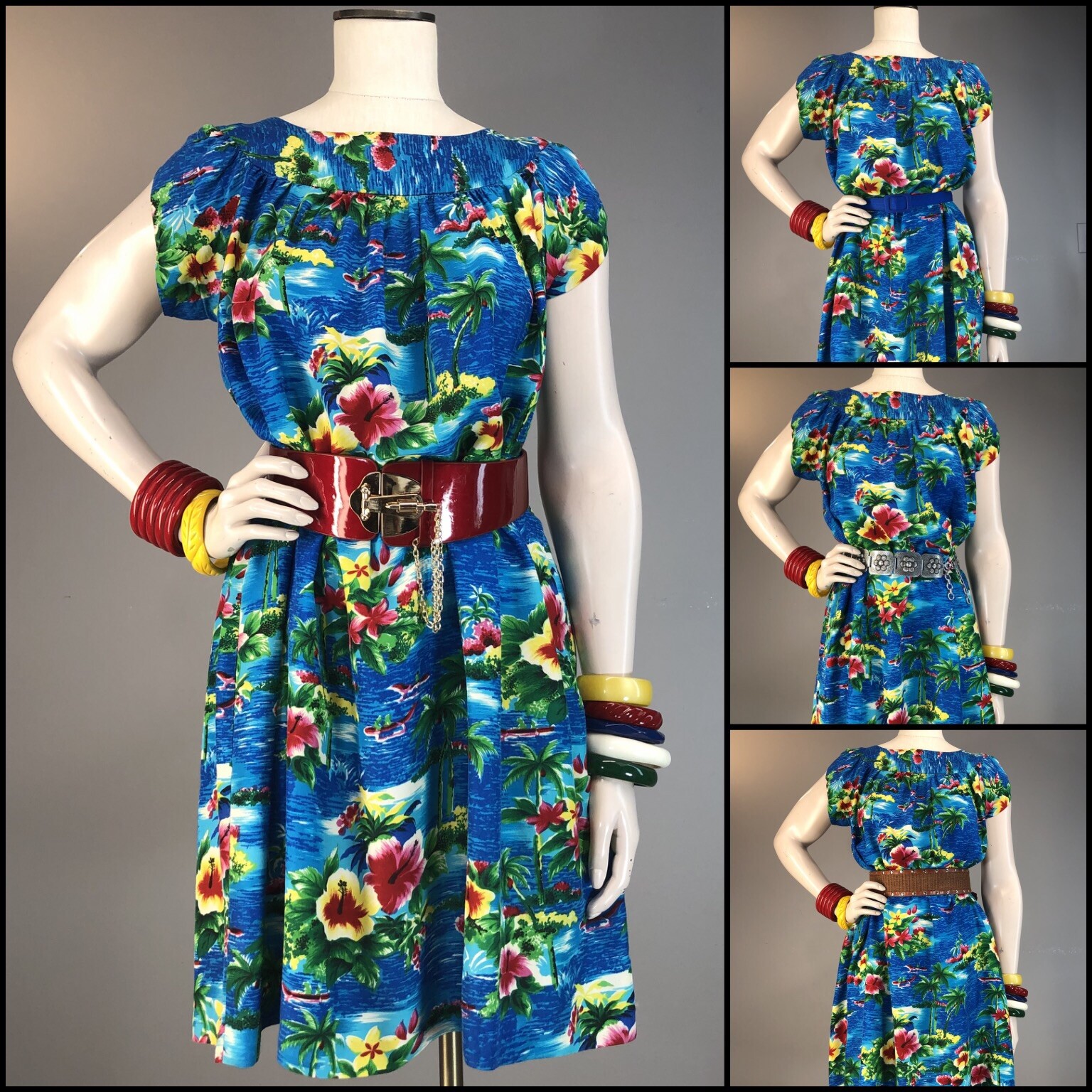 Vtg 60s Dress Hawaiian Classic Rayon Muu Muu Novelty Print Paradise Split Sleeve