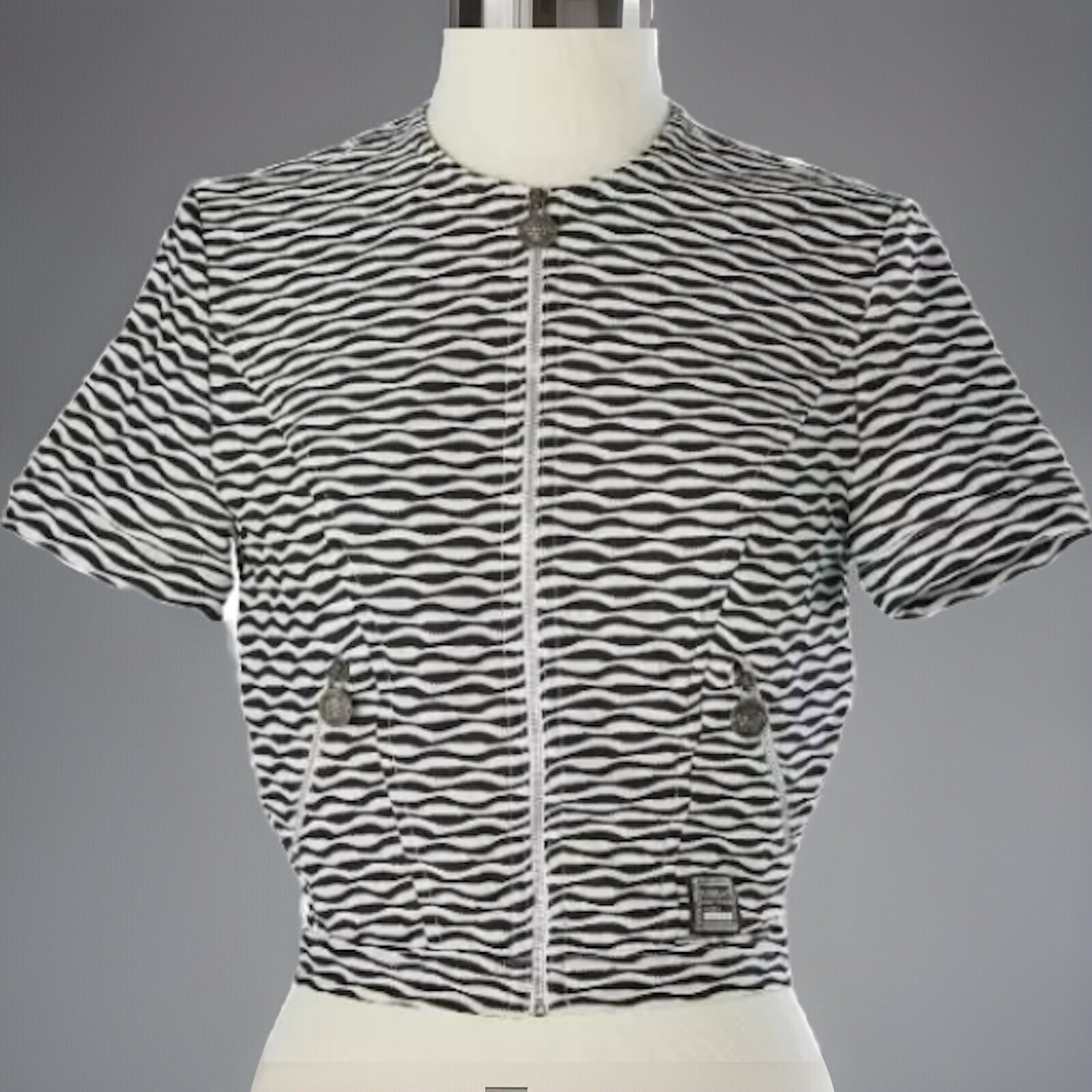 Rare 1990’s Versace Jeans Couture Black & White Crop Top W/Medusa Zipper Pulls