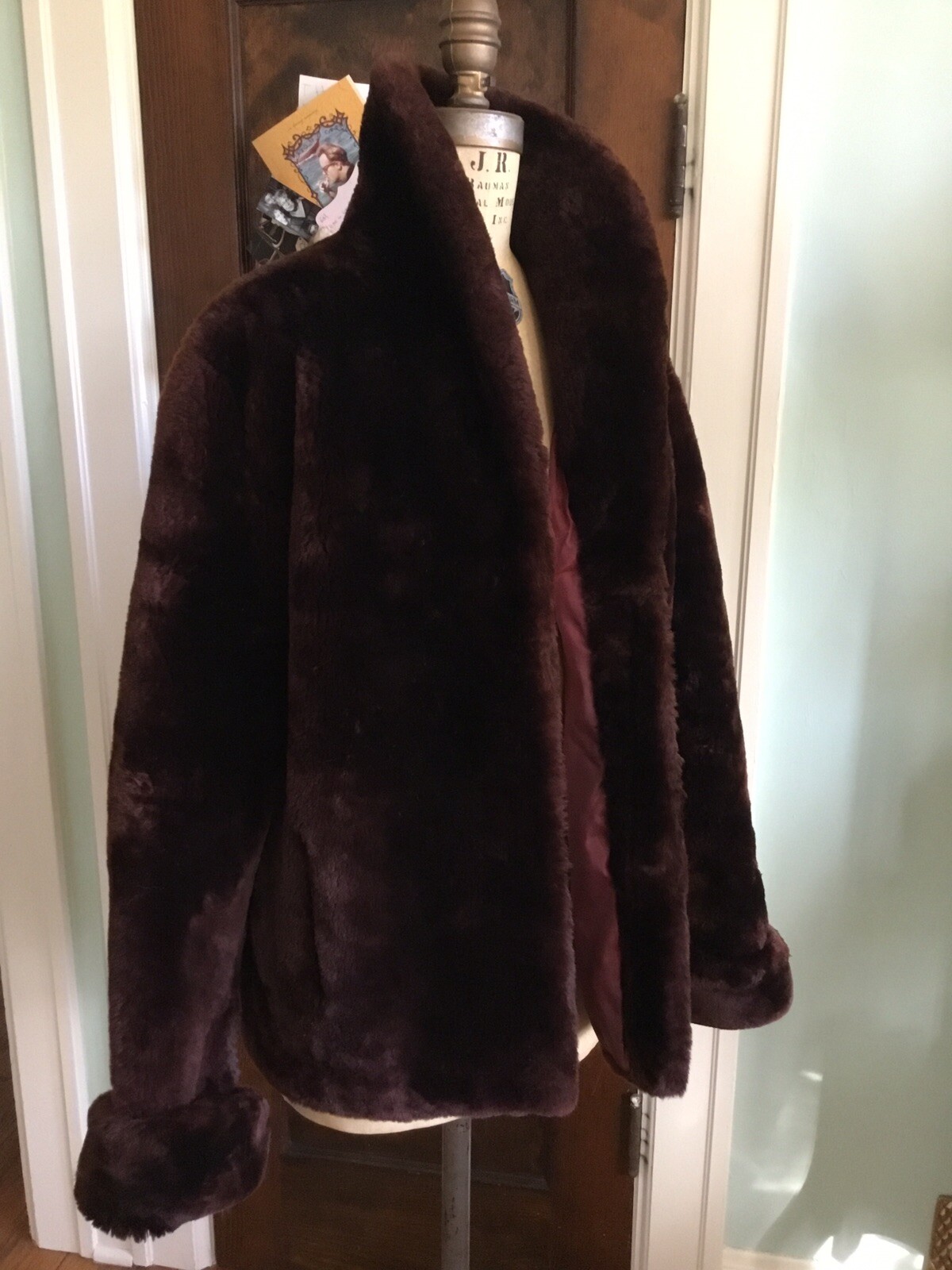 Vintage Mouton Lamb Fur Coat Dark Chocolate Brown Shawl Collar Cuffs Pkts Lined