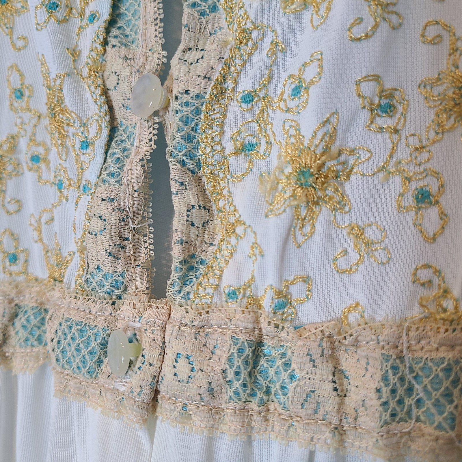 Vintage 1970s White Nylon Nightgown Lace Turquoise Gold Ren Faire Regency Fairy