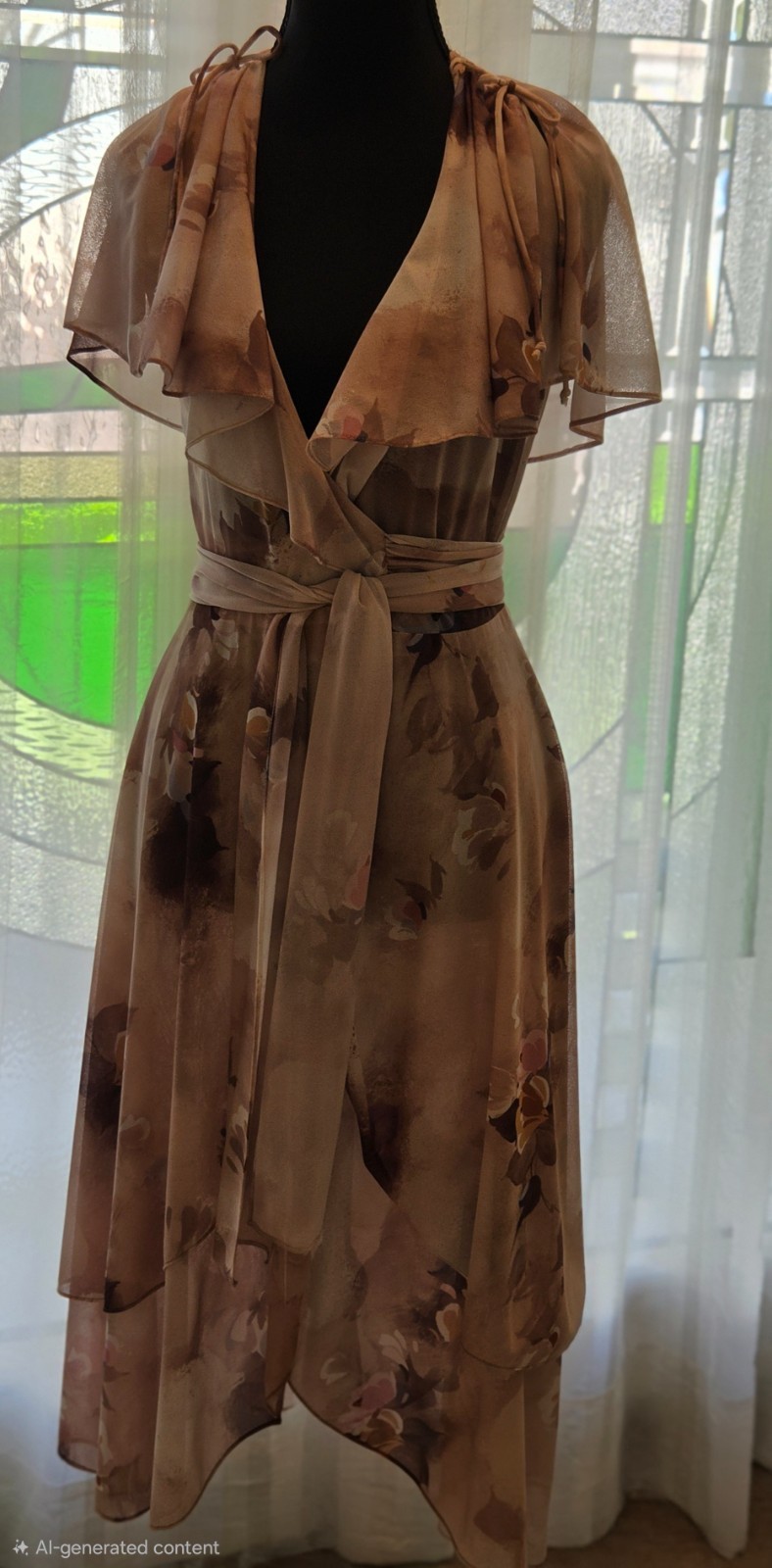 Vintage 1970’s Joseph Magnin Floral Wrap Layered Dress with Tie Cap Sleeves