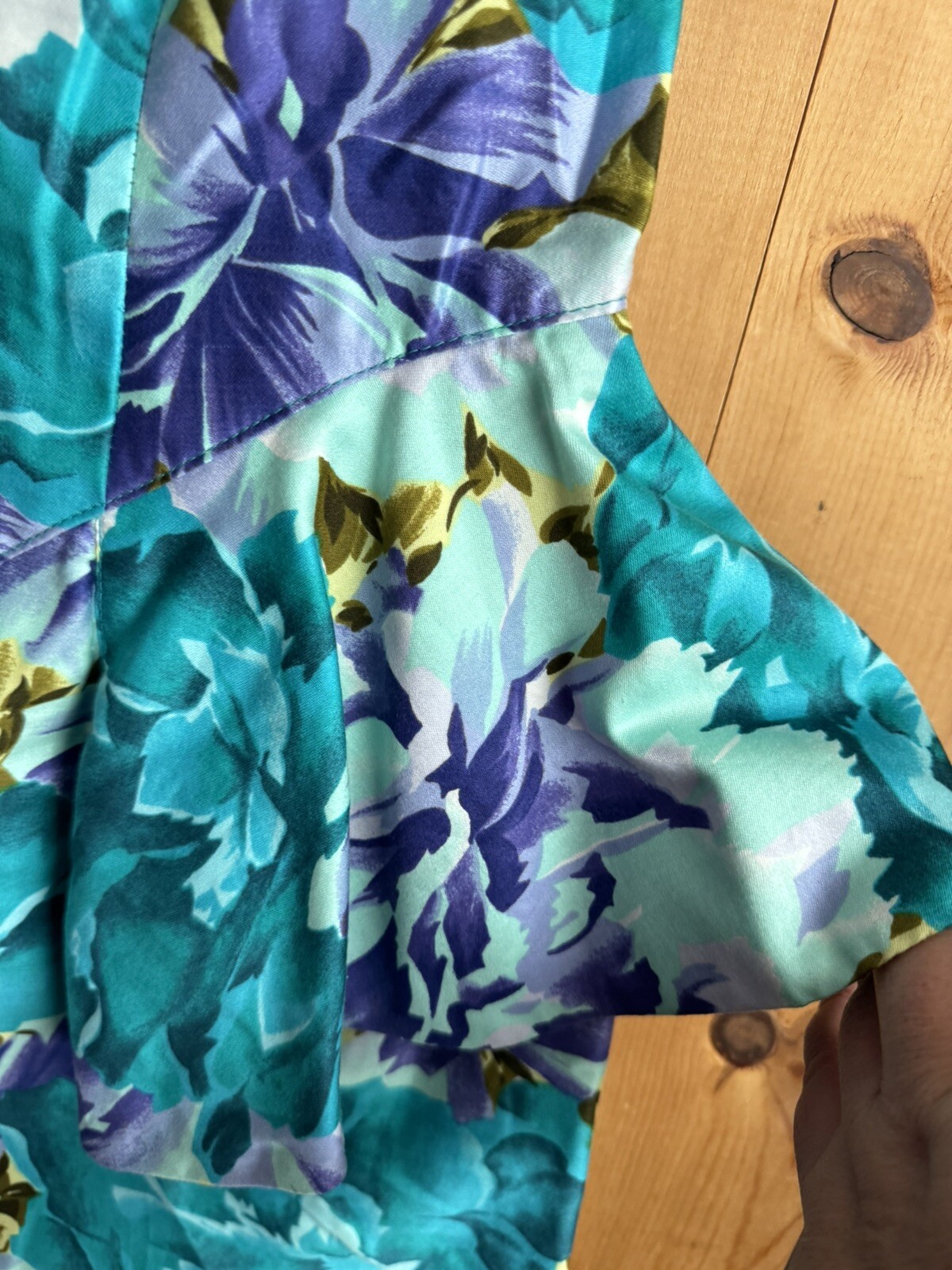 VTG 80s Barbara Barbara Floral Fitted Cotton Dress Bright Teal Bust 30 Waist 28
