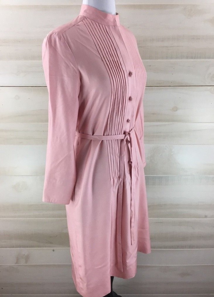 Vintage 70s 100% silk pink pin tuck belted tunic dress pockets mandarin collar M