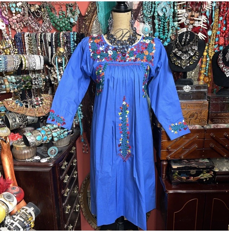 Gorgeous Blue “EL Gaucho” Oaxaca Multi Color Embroidery Long Sleeve Dress M/L