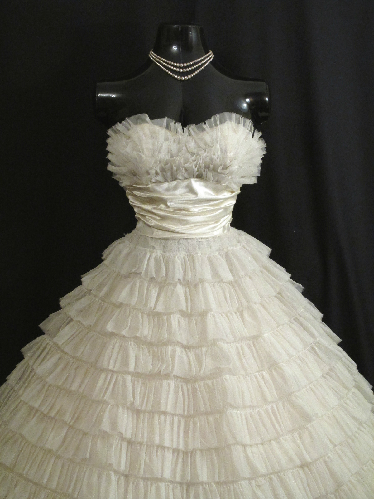 Vintage 1950’s 50s STRAPLESS White Chiffon Taffeta Prom Party Wedding Dress Gown