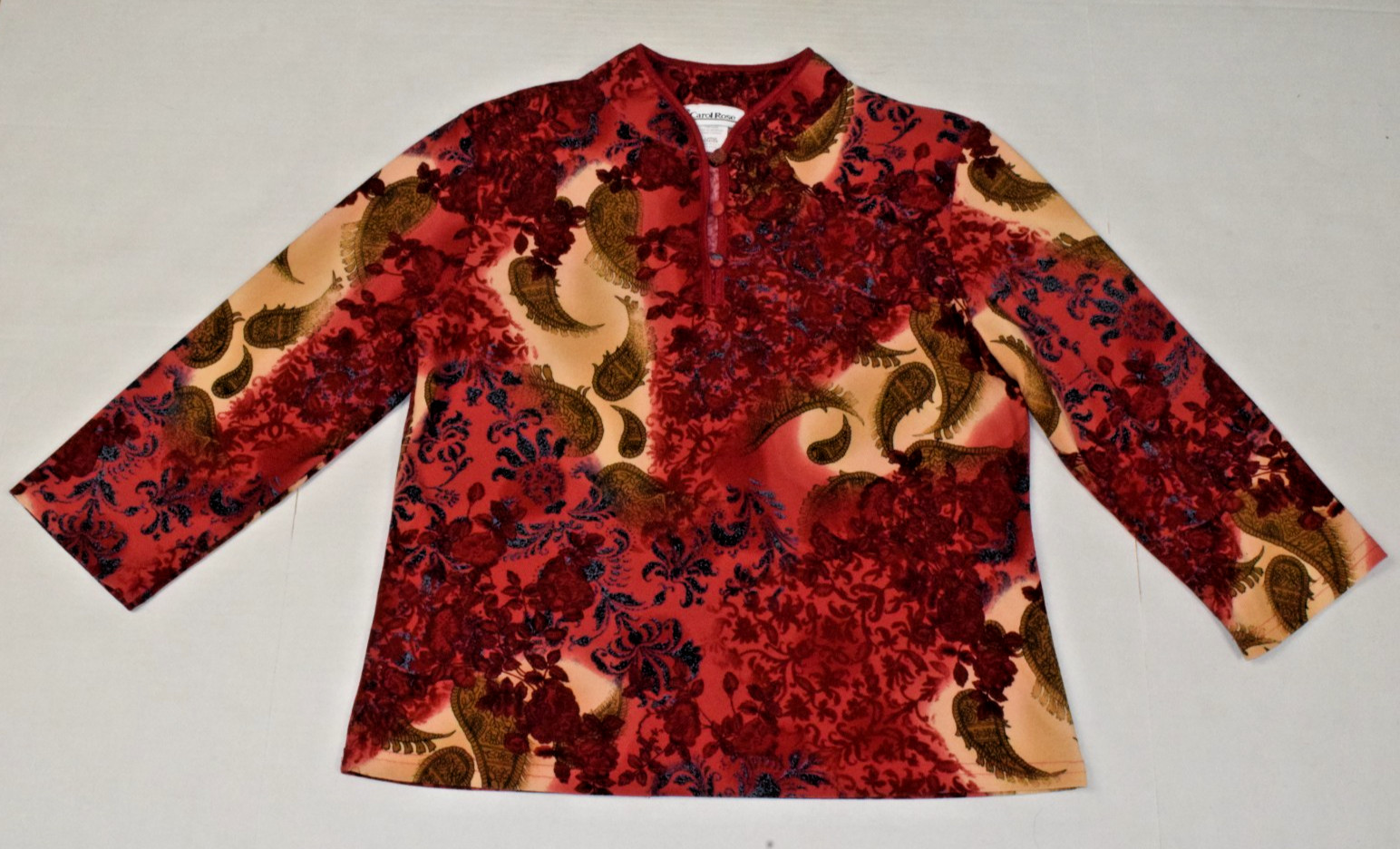 Vintage Top Carol Rose Size L 90s Burgundy Gold Paisley Quarter Button Made USA