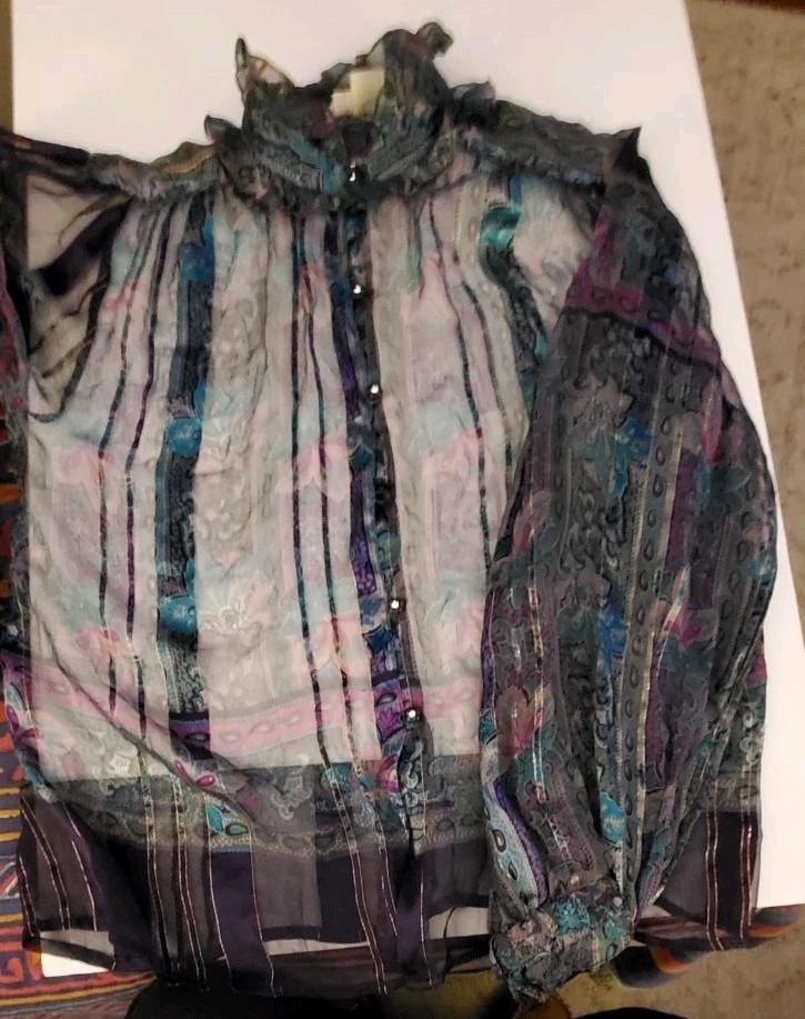 Vintage The Silk Farm 100% Silk Sheer Metallic Thread Blouse Elegant Evening 12