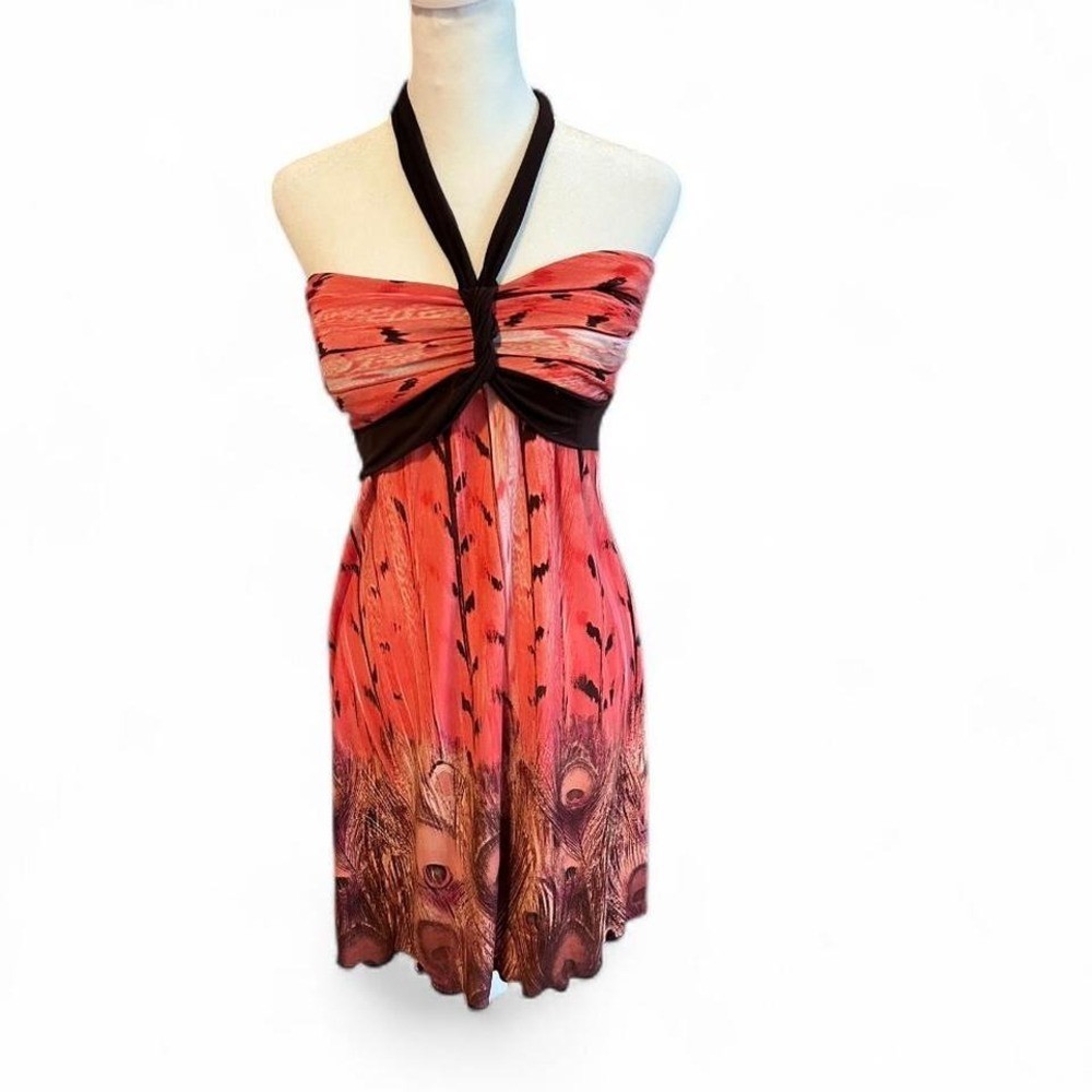 La Belle Vintage Y2K Pink Peacock Halter Mini Dress‎ Small Beach Festival Boho