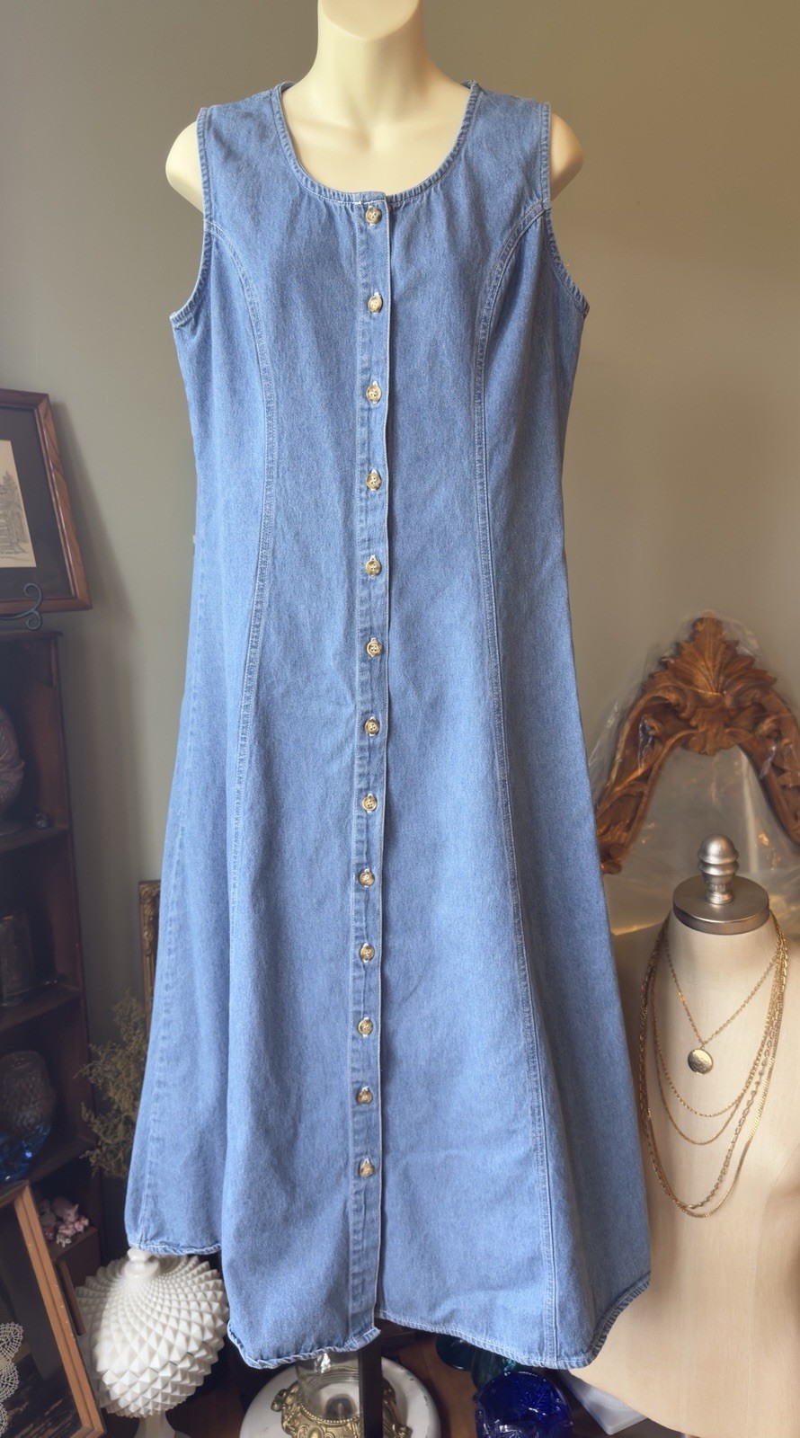FADS VINTAGE 1980s DENIM DRESS 100% COTTON SIZE 14 SLEEVELESS BUTTON DOWN