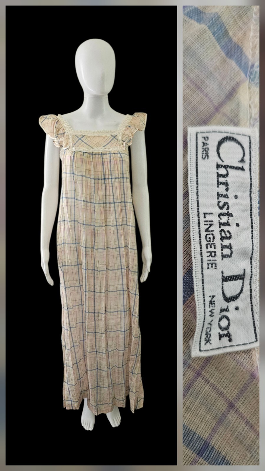 Vintage Christian Dior Plaid Boho Bridal Sheer Nightgown Maxi Dress S/M