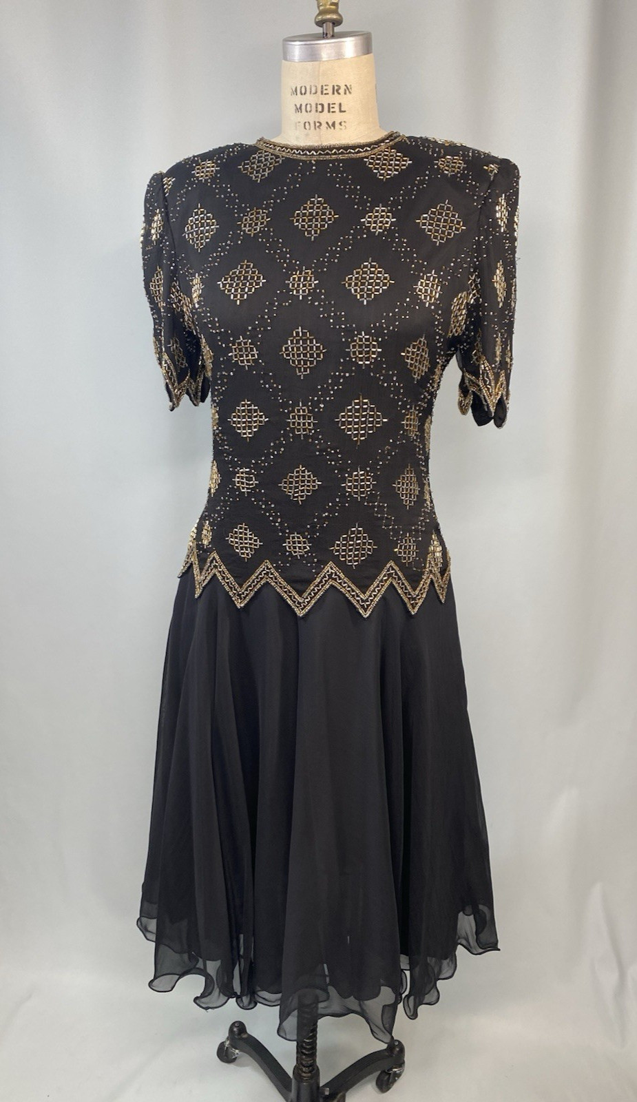 Vintage Dress SIZE LARGE black gold beaded BRILLIANTE by JA 80s 90s evening