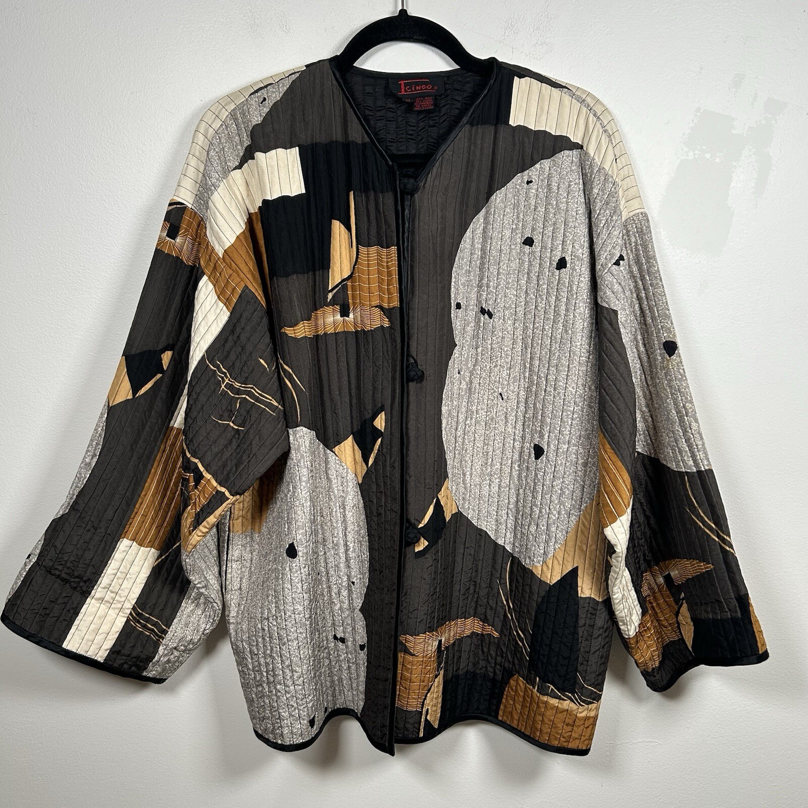 Vintage Icinoo 100% Silk Jacket Women Size Medium Art Abstract Brown Gray Black